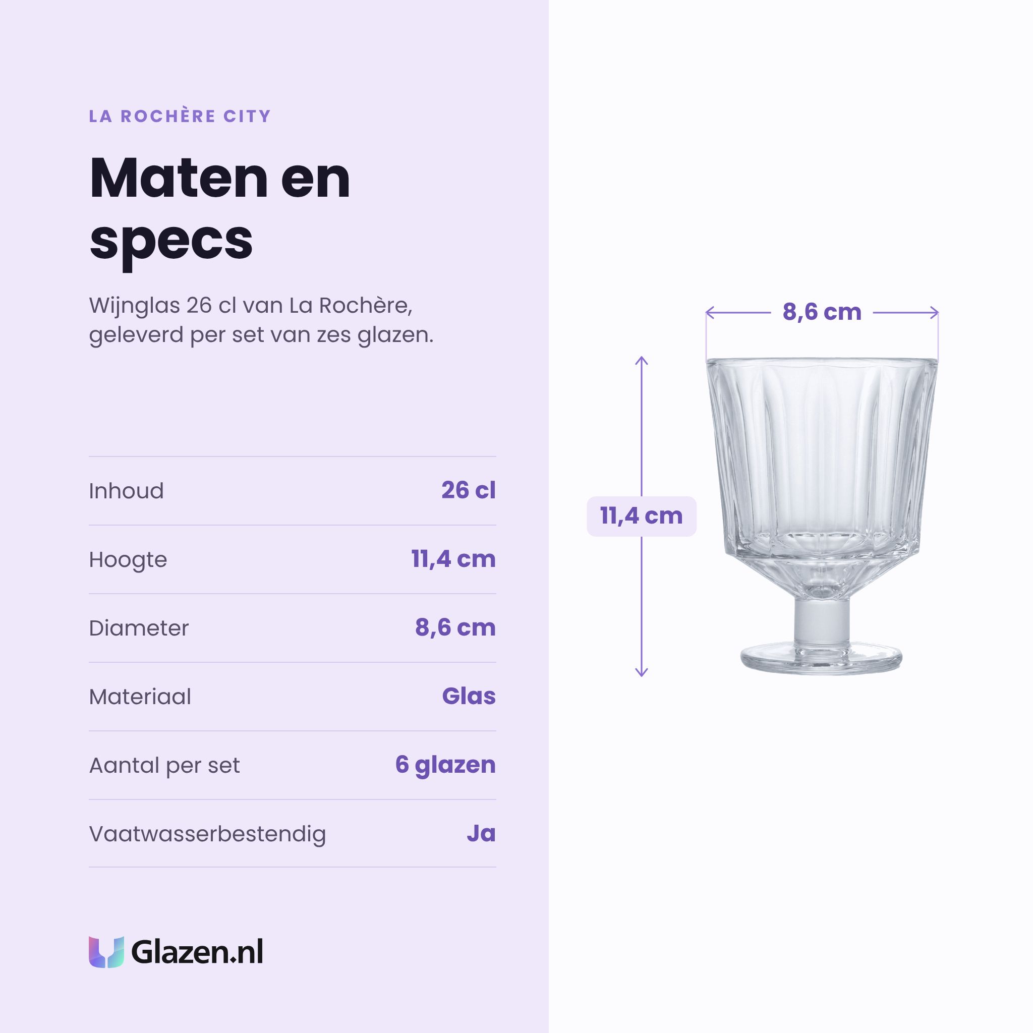 La Rochère City wijnglas 26 cl specificaties: inhoud 26 cl, hoogte 11,4 cm, diameter 8,6 cm, glas, set van 6