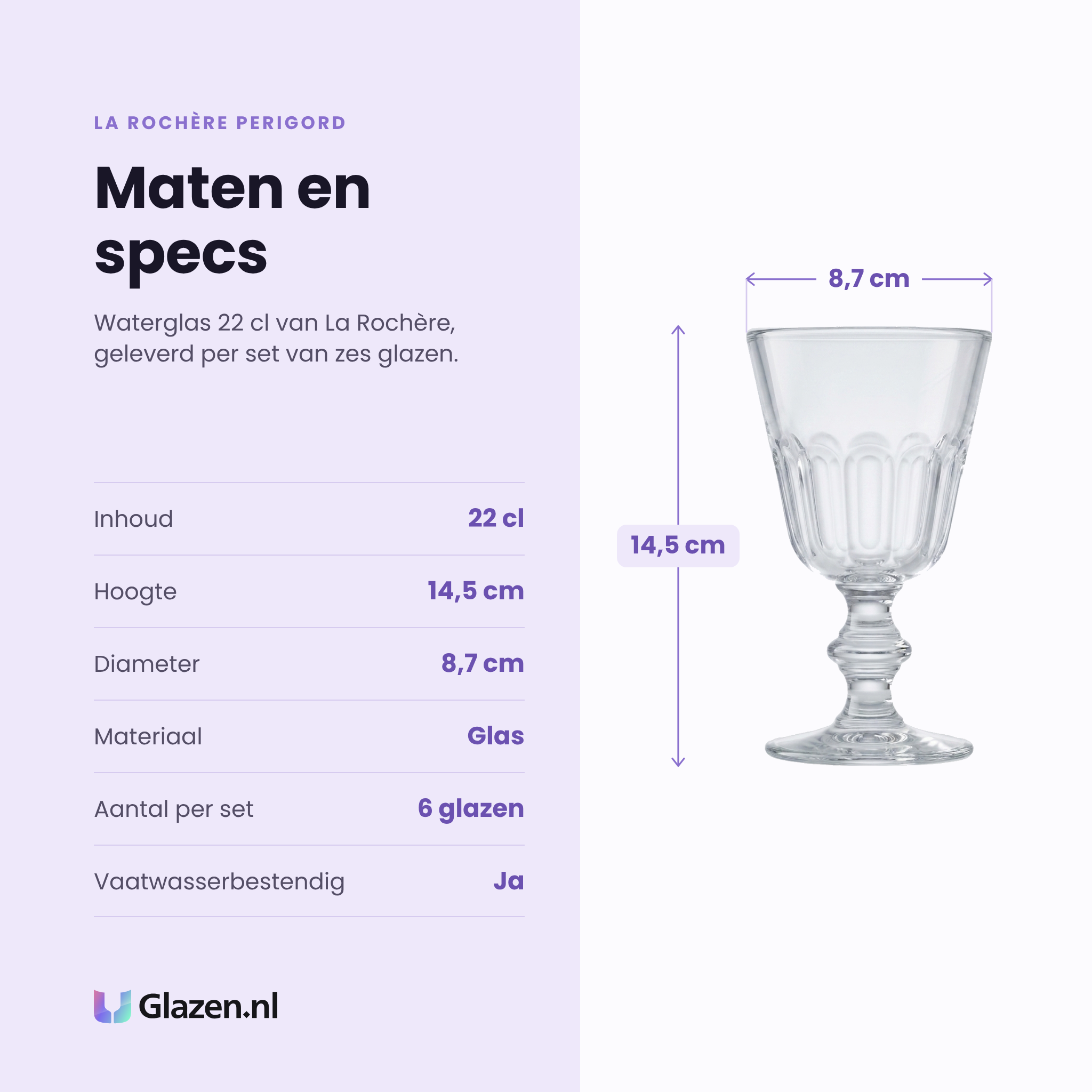La Rochère Perigord waterglas 22 cl specificaties: inhoud 22 cl, hoogte 14,5 cm, diameter 8,7 cm, glas, set van 6