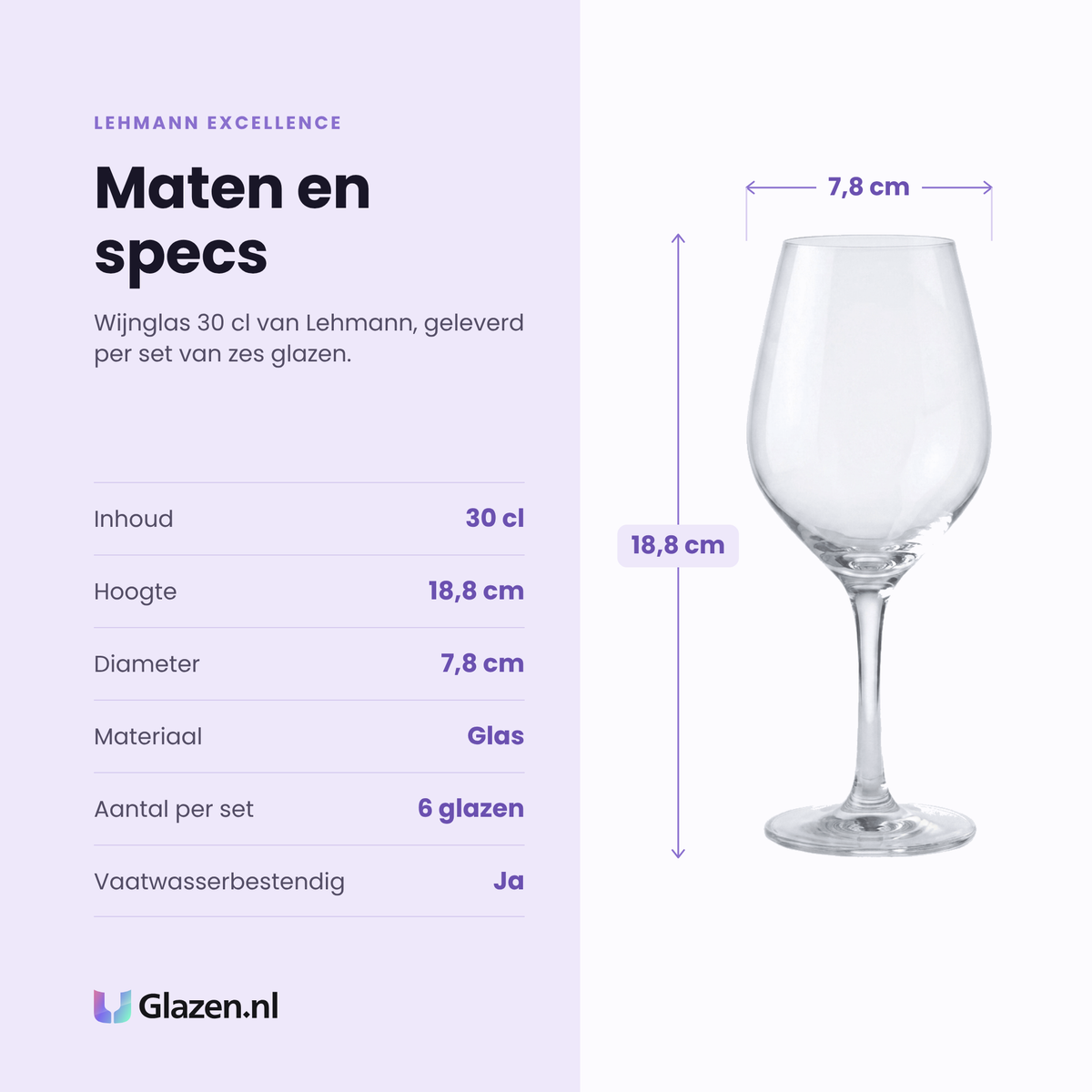 Lehmann Excellence wijnglas 30 cl specificaties: inhoud 30 cl, hoogte 18,8 cm, diameter 7,8 cm, glas, set van 6