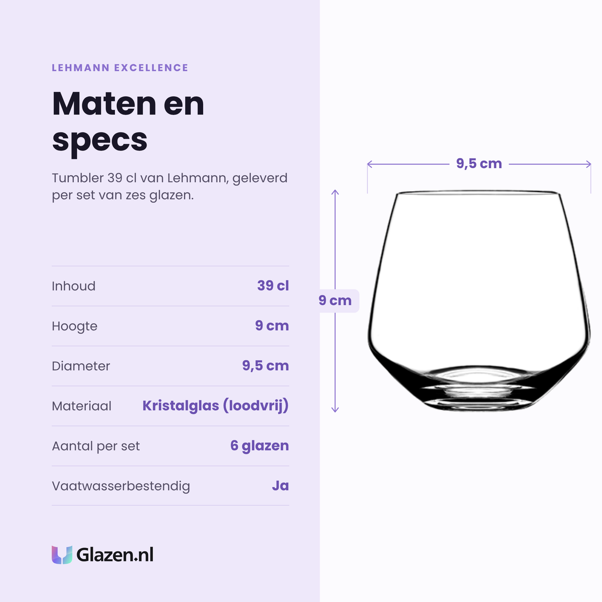 Lehmann Excellence tumbler 39 cl specificaties: inhoud 39 cl, hoogte 9 cm, diameter 9,5 cm, loodvrij kristalglas, set van 6