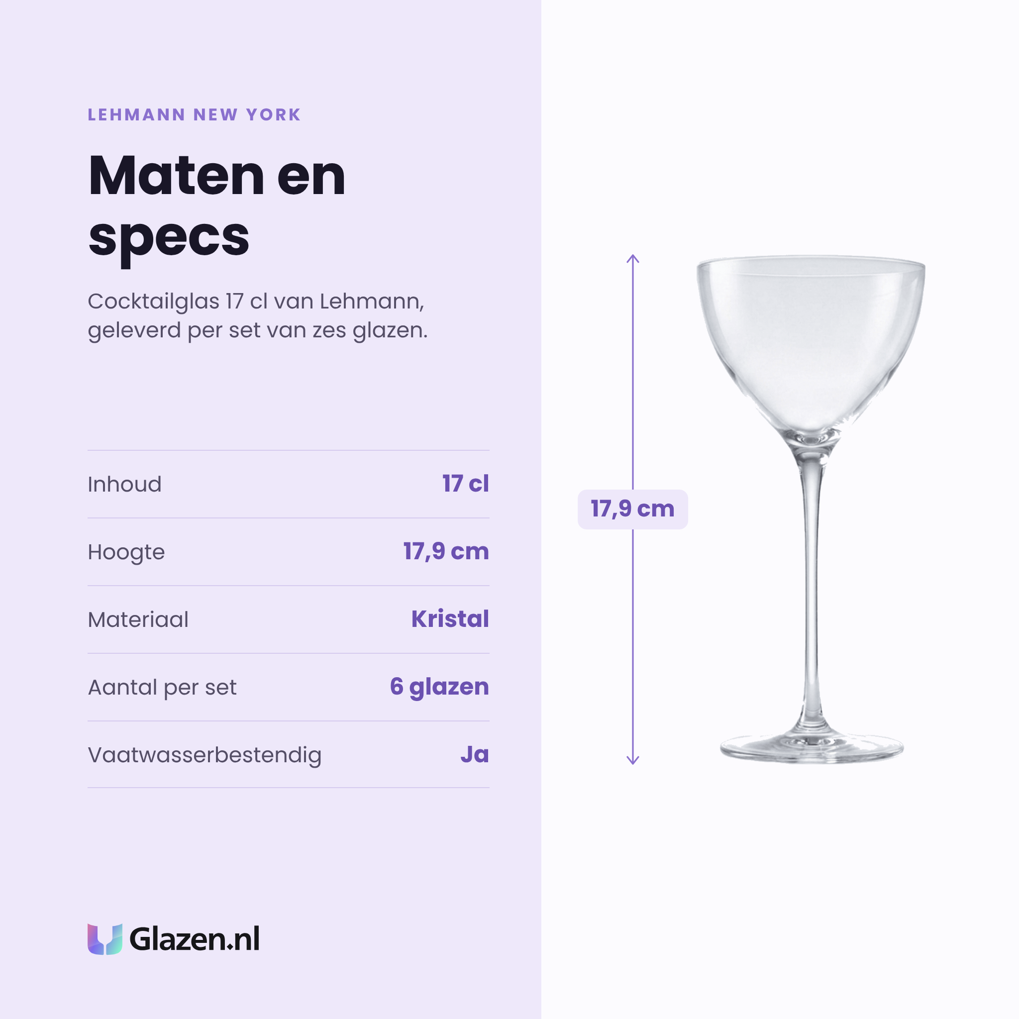 Lehmann New York cocktailglas 17 cl specificaties: inhoud 17 cl, hoogte 17,9 cm, kristal, set van 6