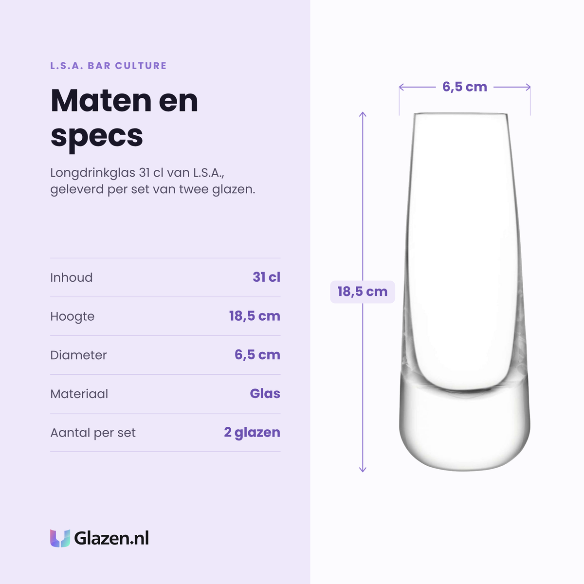 L.S.A. Bar Culture longdrinkglas 31 cl specificaties: inhoud 31 cl, hoogte 18,5 cm, diameter 6,5 cm, glas, set van 2