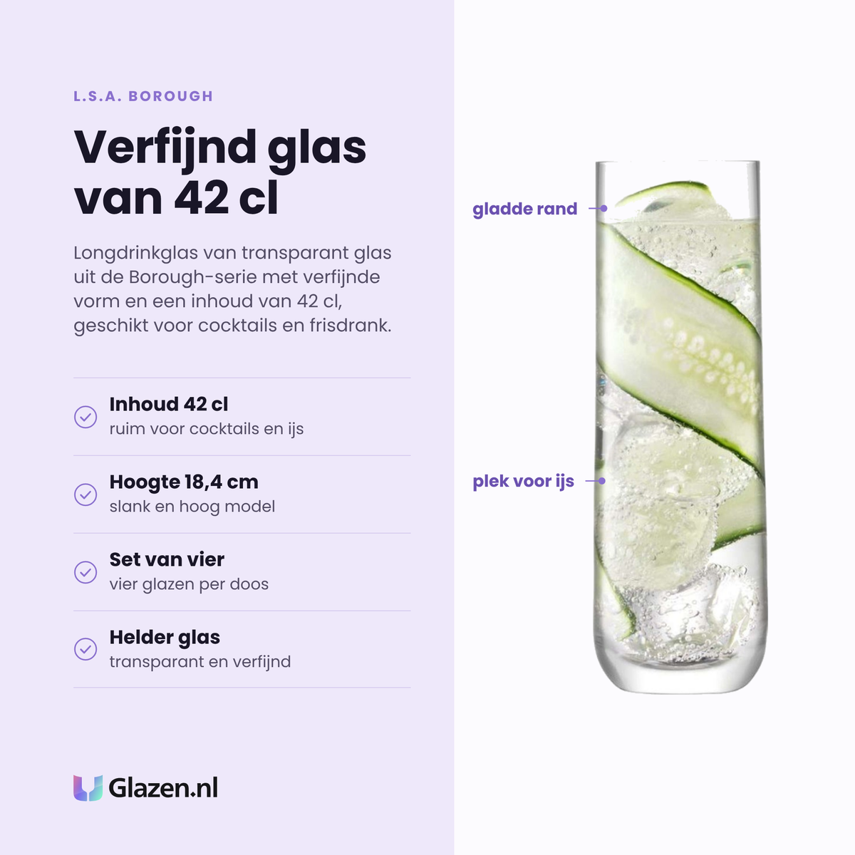 L.S.A. Borough longdrinkglas 42 cl eigenschappen: helder transparant glas, verfijnde vorm, inhoud 42 cl, set van vier glazen