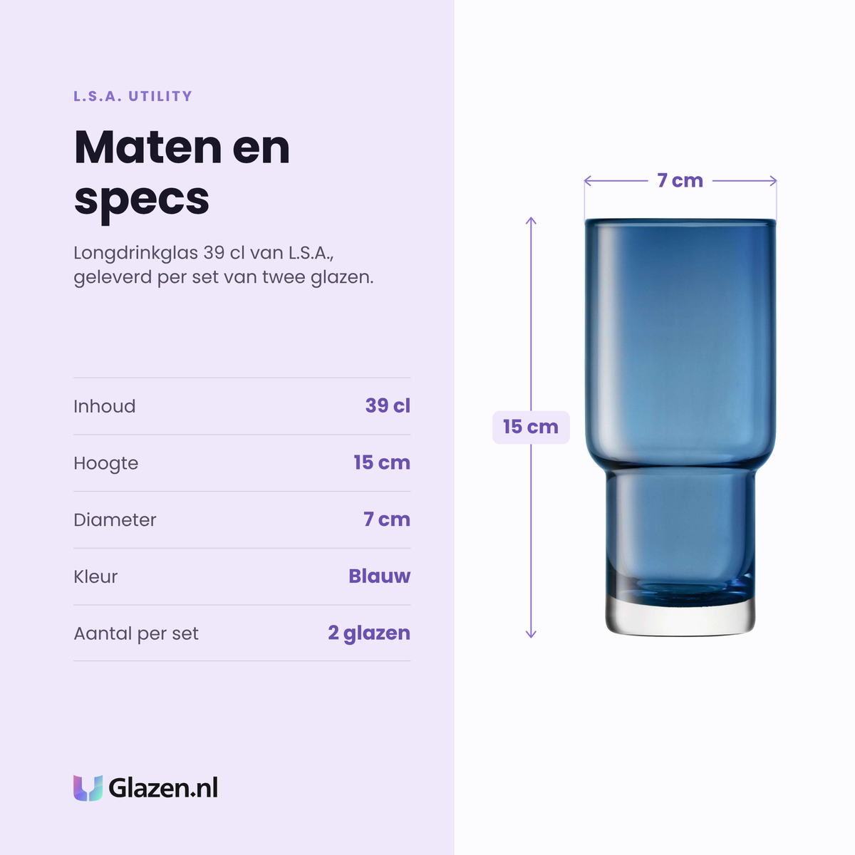 L.S.A. Utility longdrinkglas 39 cl specificaties: inhoud 39 cl, hoogte 15 cm, diameter 7 cm, blauw, set van 2