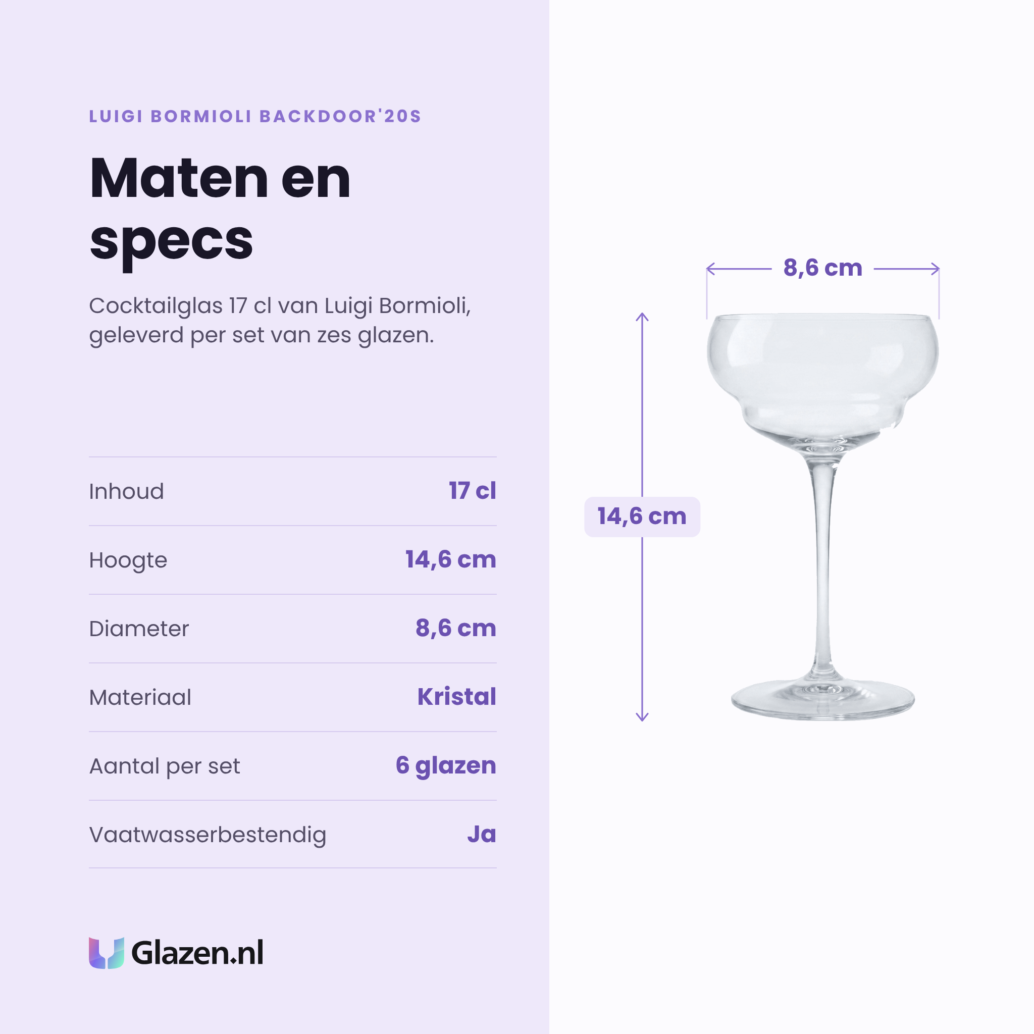 Luigi Bormioli Backdoor'20s cocktailglas 17 cl specificaties: inhoud 17 cl, hoogte 14,6 cm, diameter 8,6 cm, kristal, set van 6