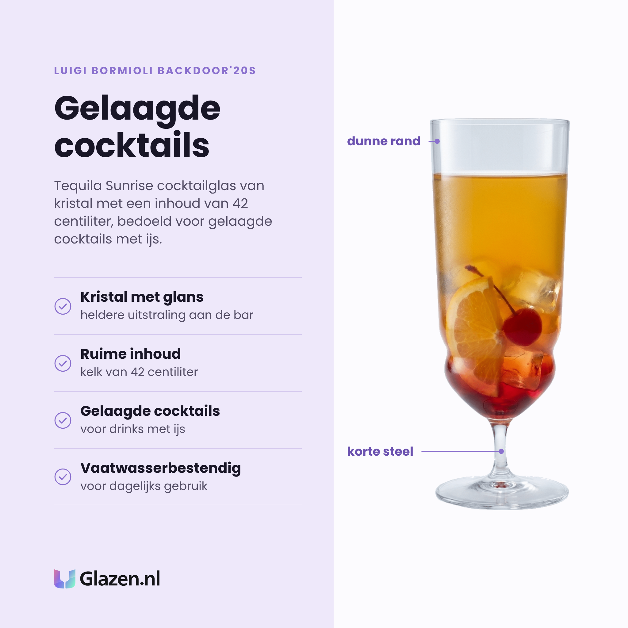Luigi Bormioli Backdoor'20S cocktailglas 42 cl eigenschappen: kristal met heldere glans, ruime inhoud van 42 cl, voor gelaagde cocktails met ijs, vaatwasserbestendig
