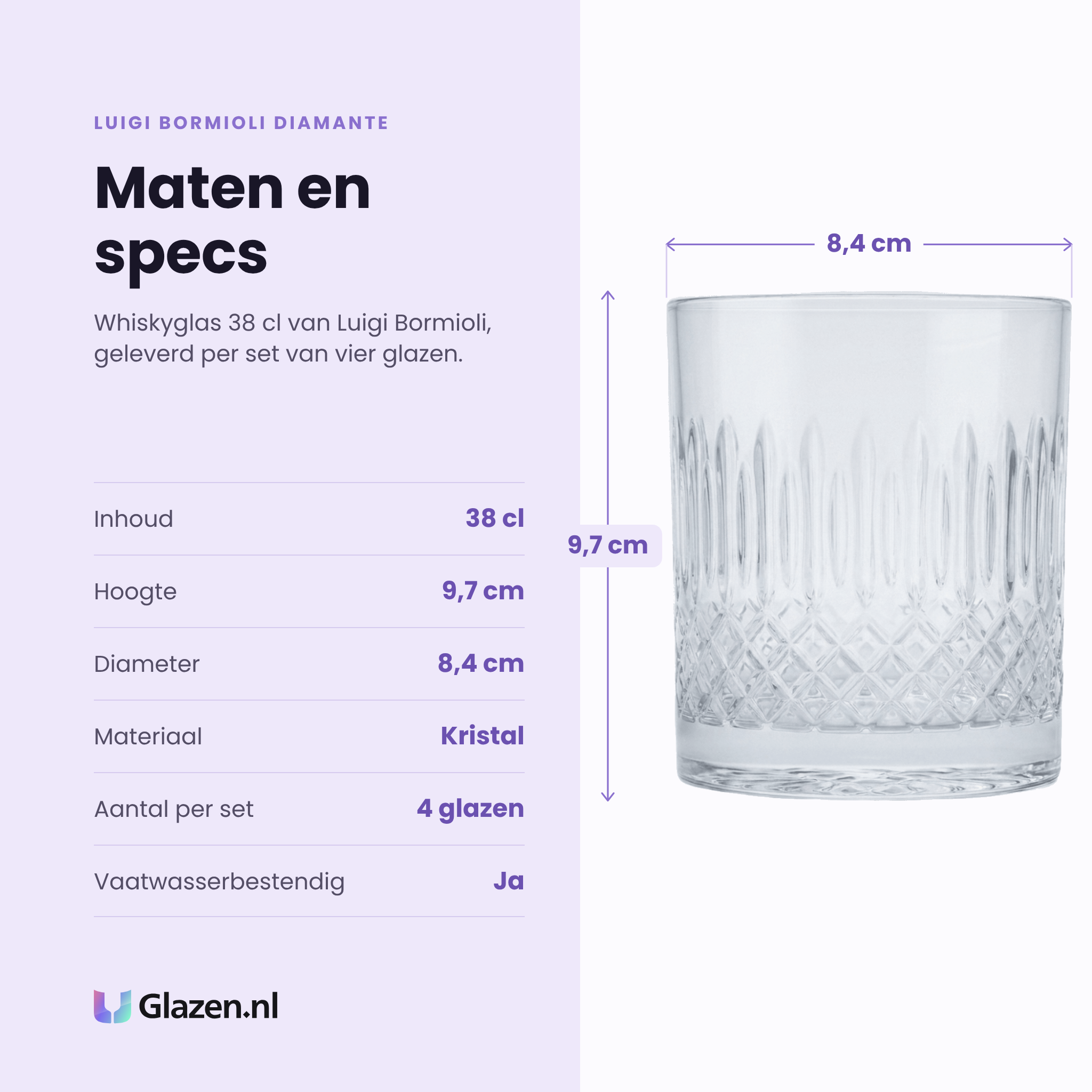 Luigi Bormioli Diamante whiskyglas 38 cl specificaties: inhoud 38 cl, hoogte 9,7 cm, diameter 8,4 cm, kristal, set van 4