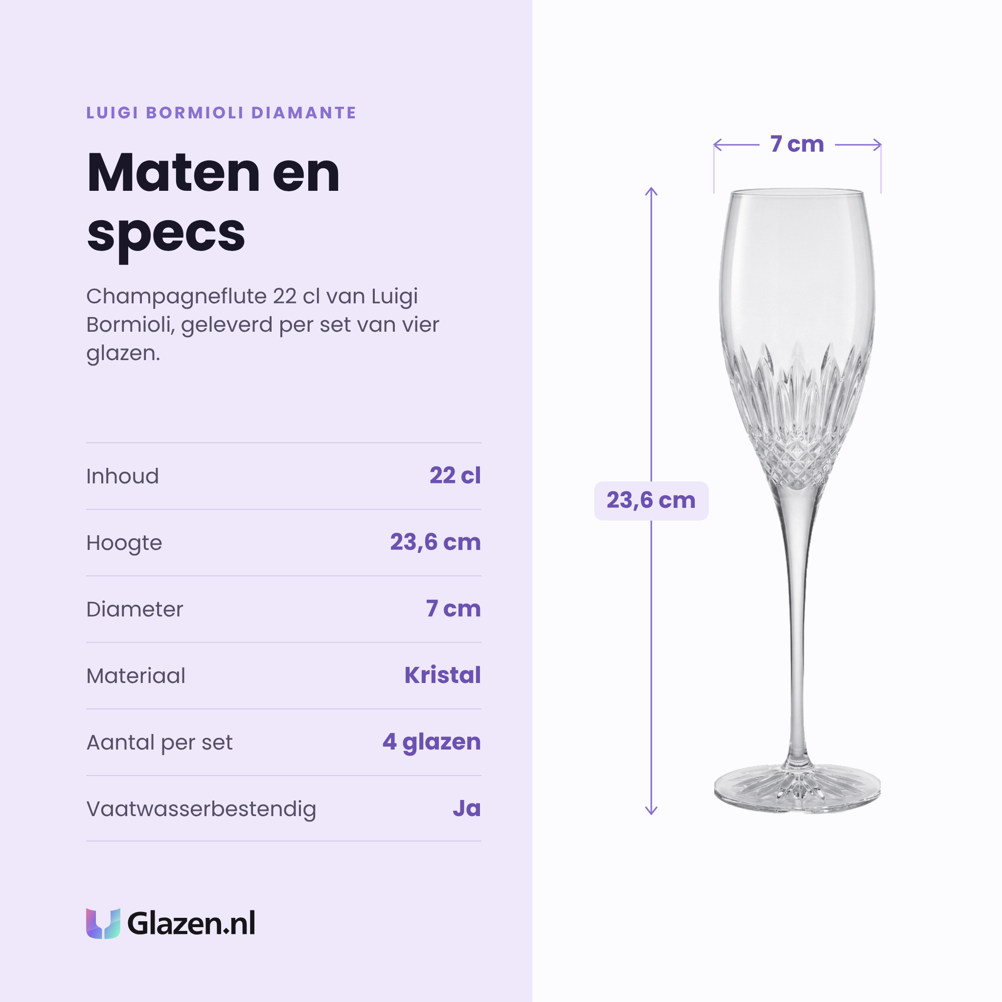 Luigi Bormioli Diamante champagneflute 22 cl specificaties: inhoud 22 cl, hoogte 23,6 cm, diameter 7 cm, kristal, set van 4