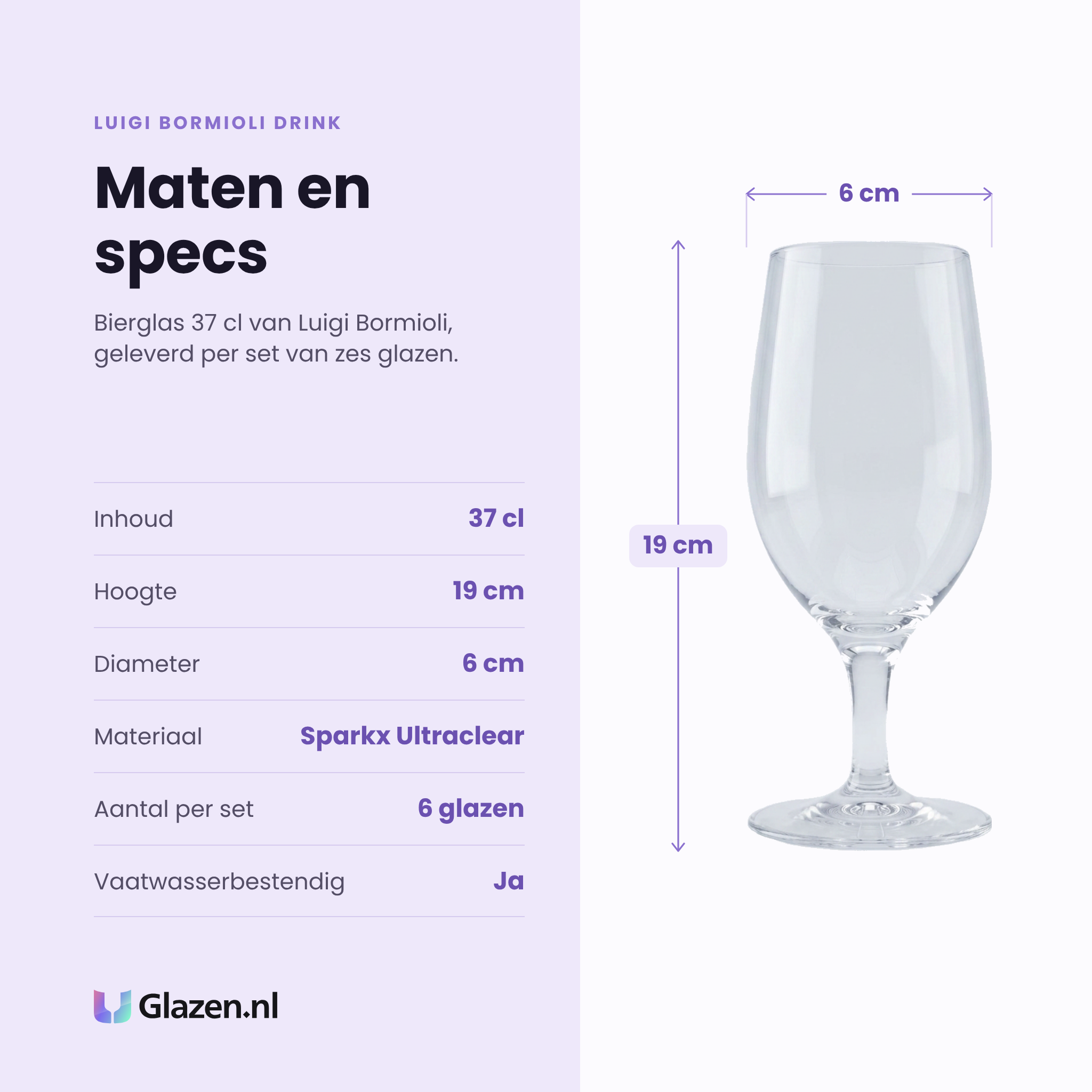 Luigi Bormioli Drink bierglas 37 cl specificaties: inhoud 37 cl, hoogte 19 cm, diameter 6 cm, sparkx ultraclear, set van 6