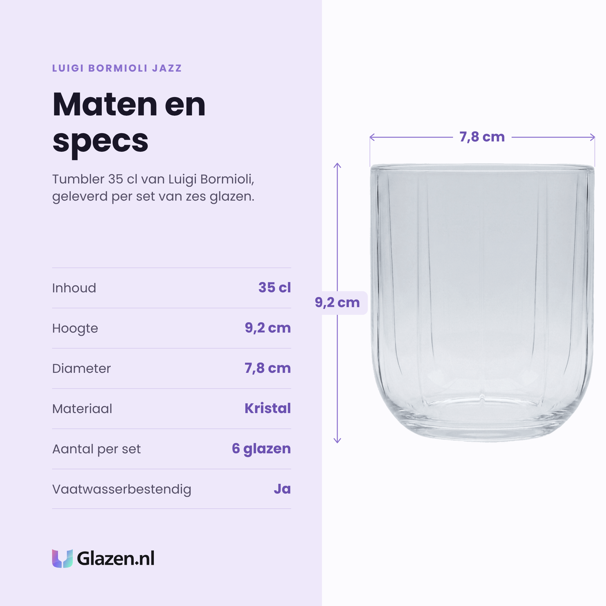 Luigi Bormioli Jazz tumbler 35 cl specificaties: inhoud 35 cl, hoogte 9,2 cm, diameter 7,8 cm, kristal, set van 6