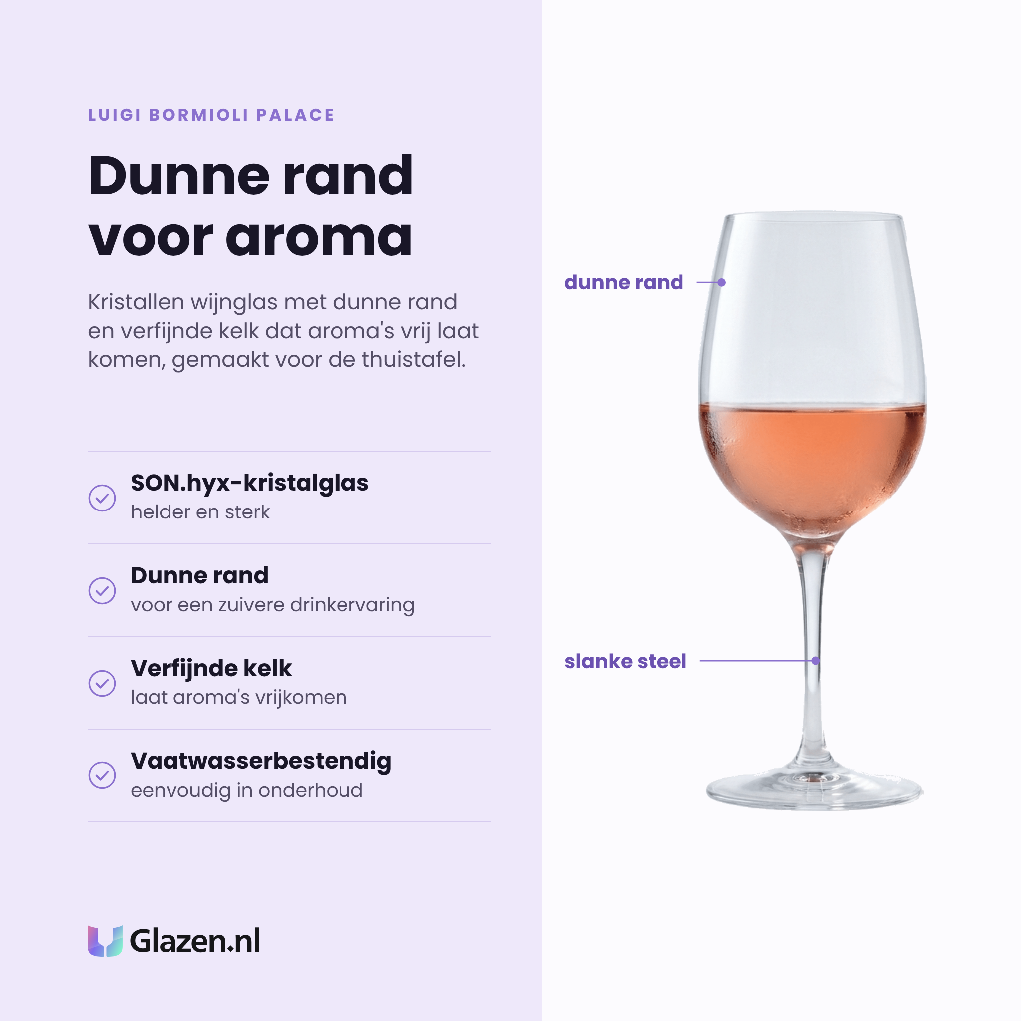 Luigi Bormioli Palace wijnglas 32 cl eigenschappen: son.hyx-kristalglas, dunne rand, verfijnde kelk, vaatwasserbestendig