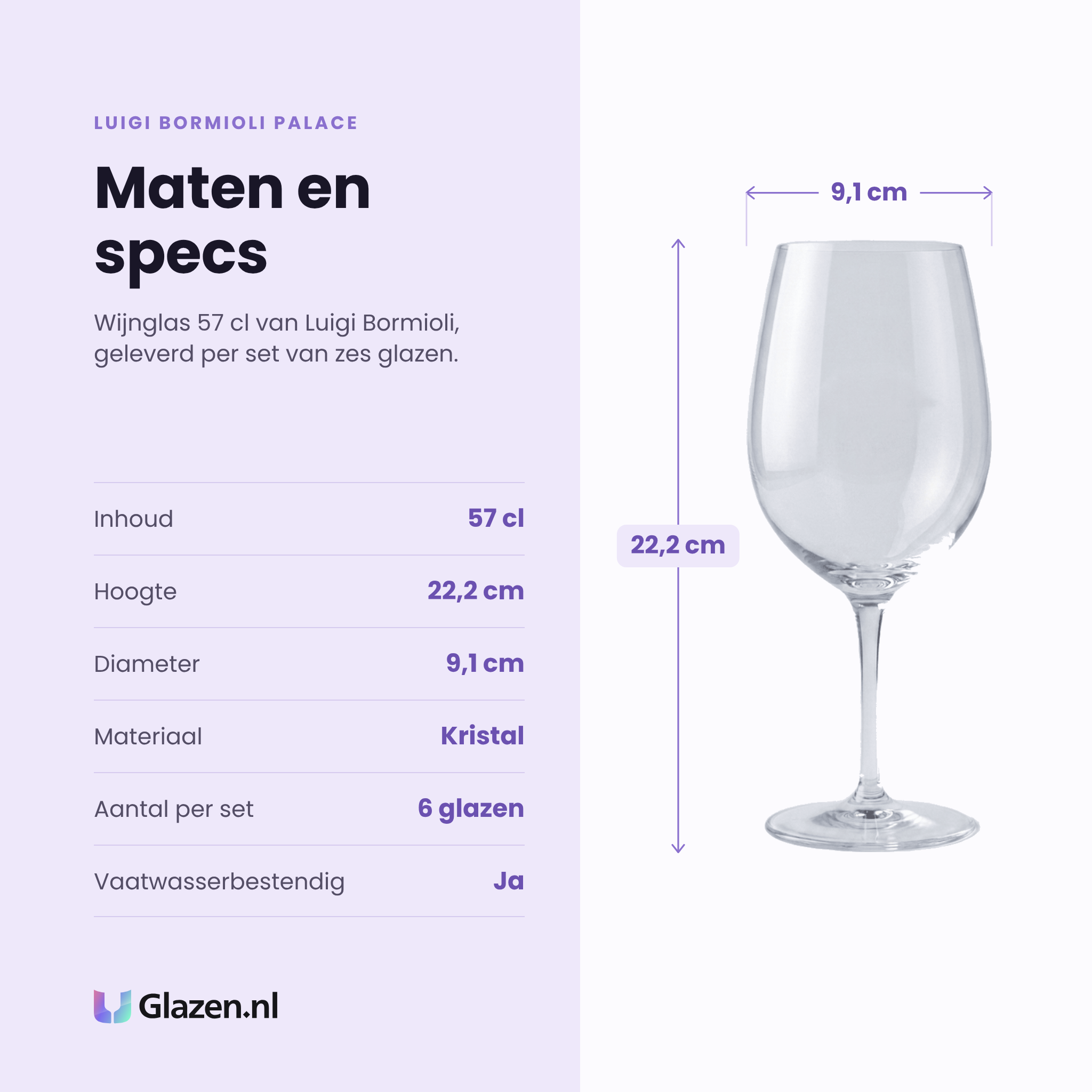 Luigi Bormioli Palace wijnglas 57 cl specificaties: inhoud 57 cl, hoogte 22,2 cm, diameter 9,1 cm, kristal, set van 6