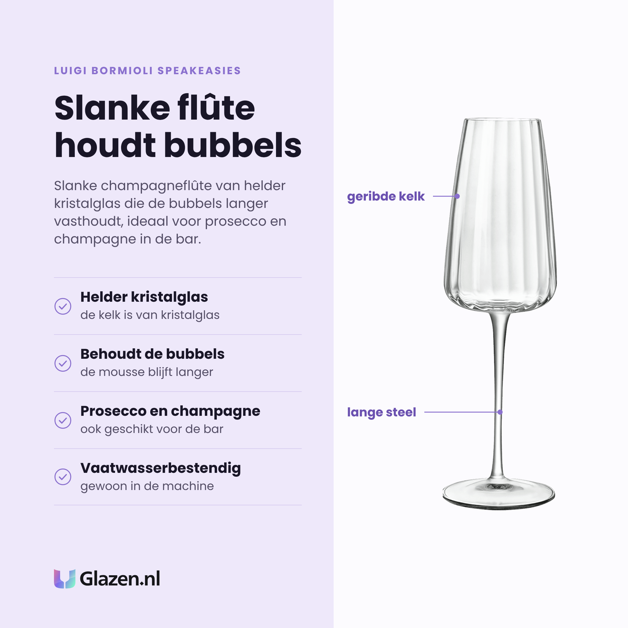 Luigi Bormioli Speakeasies Swing champagneflute 21 cl eigenschappen: helder kristalglas, behoudt de bubbels langer, voor prosecco en champagne, vaatwasserbestendig