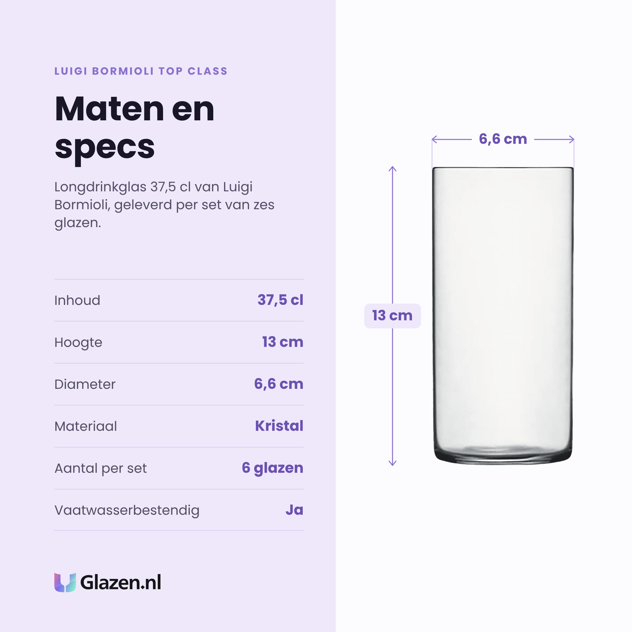 Luigi Bormioli Top Class longdrinkglas 37,5 cl specificaties: inhoud 37,5 cl, hoogte 13 cm, diameter 6,6 cm, kristal, set van 6