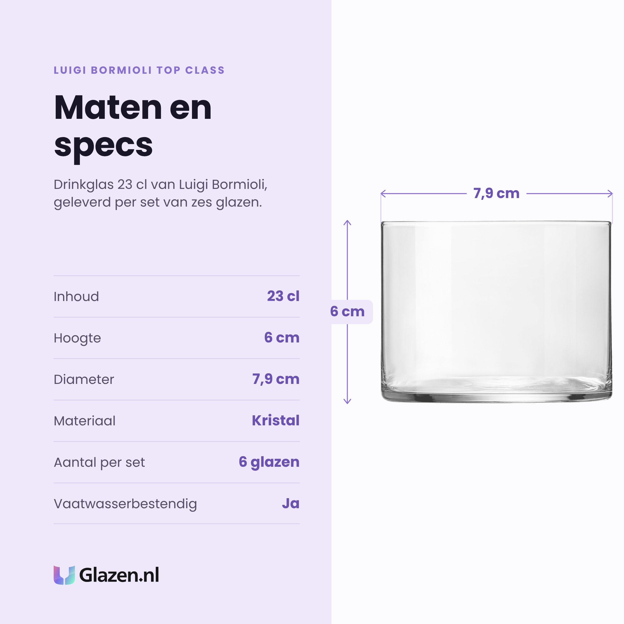 Luigi Bormioli Top Class drinkglas 23 cl specificaties: inhoud 23 cl, hoogte 6 cm, diameter 7,9 cm, kristal, set van 6