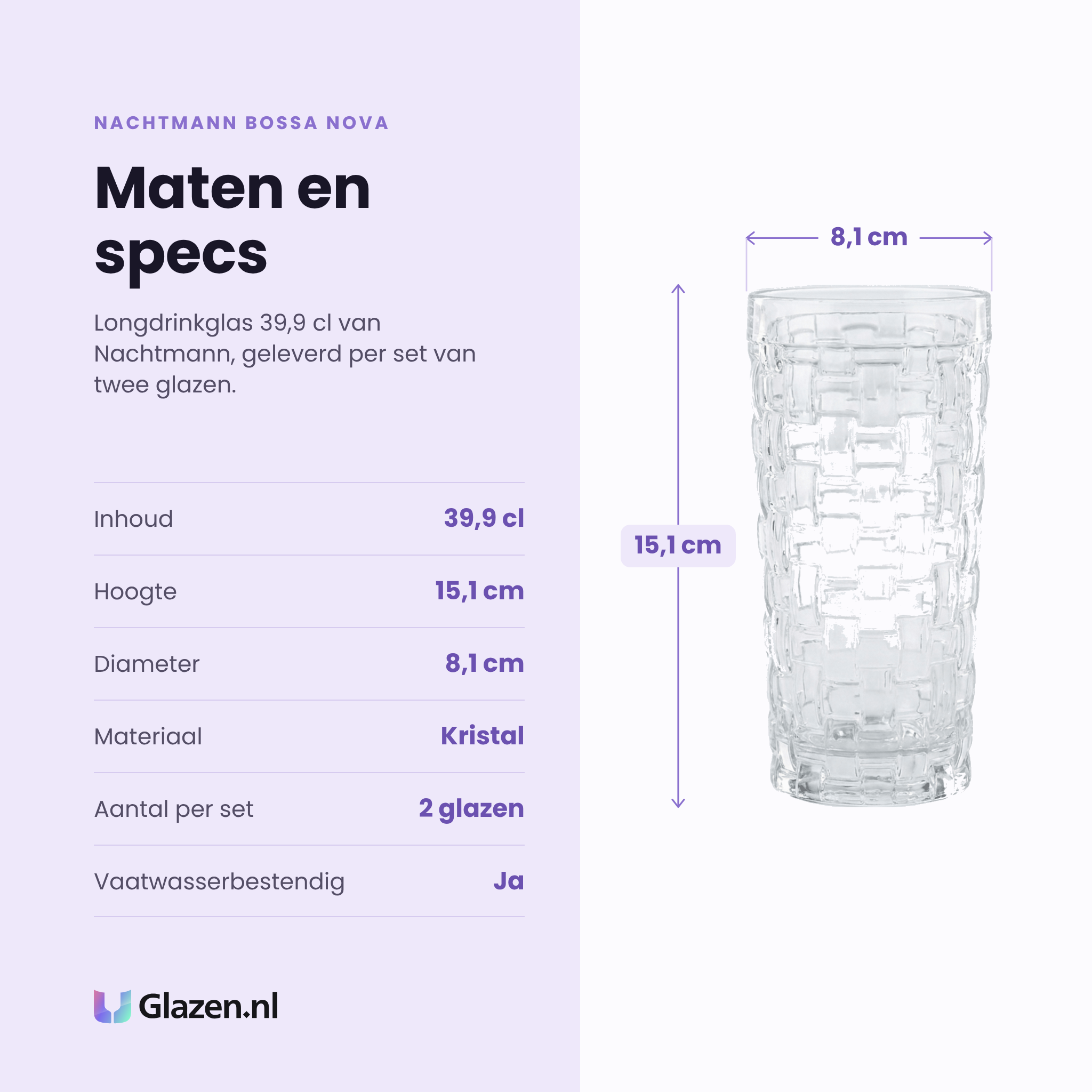 Nachtmann Bossa Nova longdrinkglas 39,9 cl specificaties: inhoud 39,9 cl, hoogte 15,1 cm, diameter 8,1 cm, kristal, set van 2