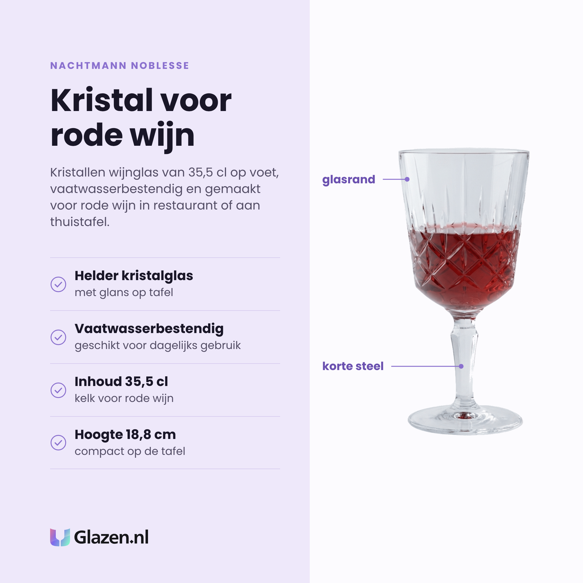 Nachtmann Noblesse wijnglas 35,5 cl eigenschappen: helder kristalglas, vaatwasserbestendig, inhoud 35,5 cl, hoogte 18,8 cm