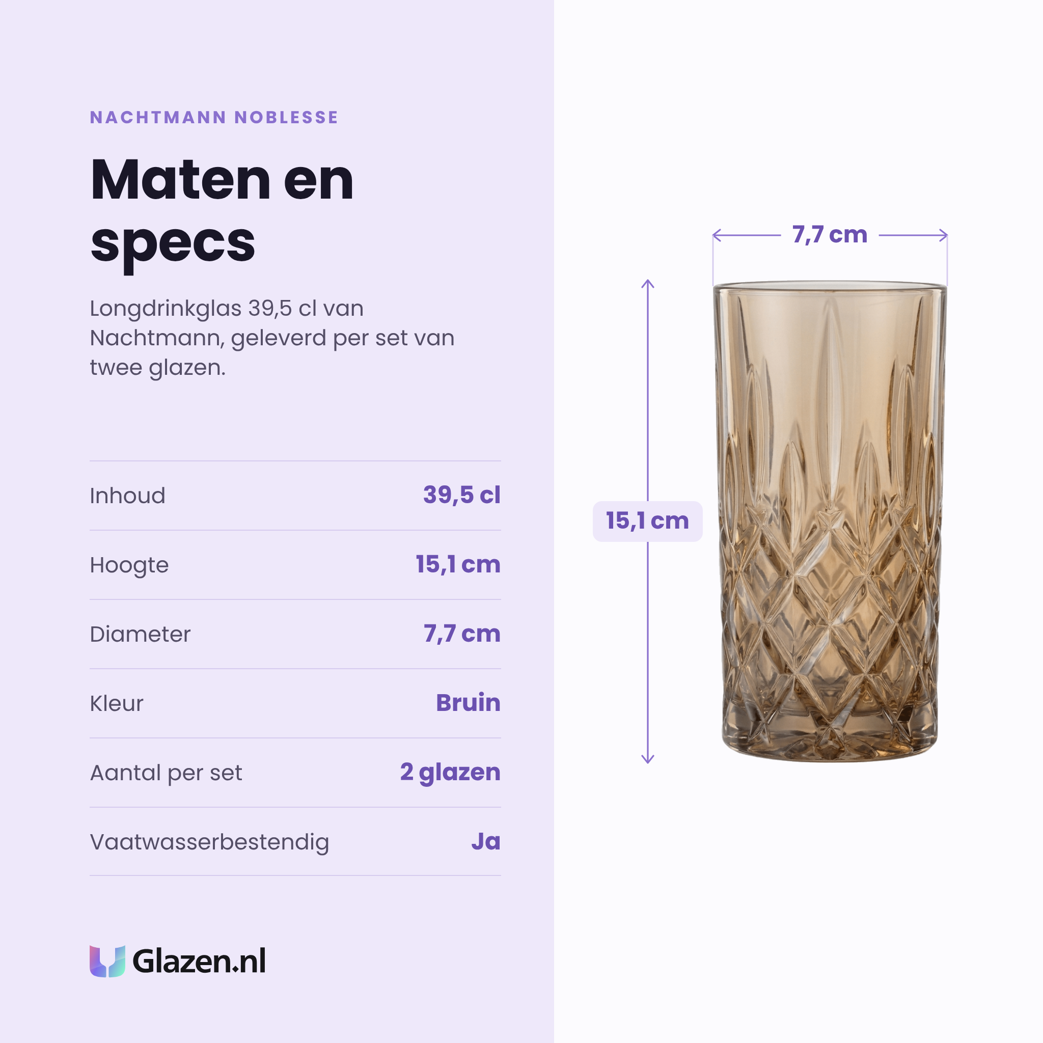 Nachtmann Noblesse longdrinkglas 39,5 cl bruin specificaties: inhoud 39,5 cl, hoogte 15,1 cm, diameter 7,7 cm, bruin, set van 2