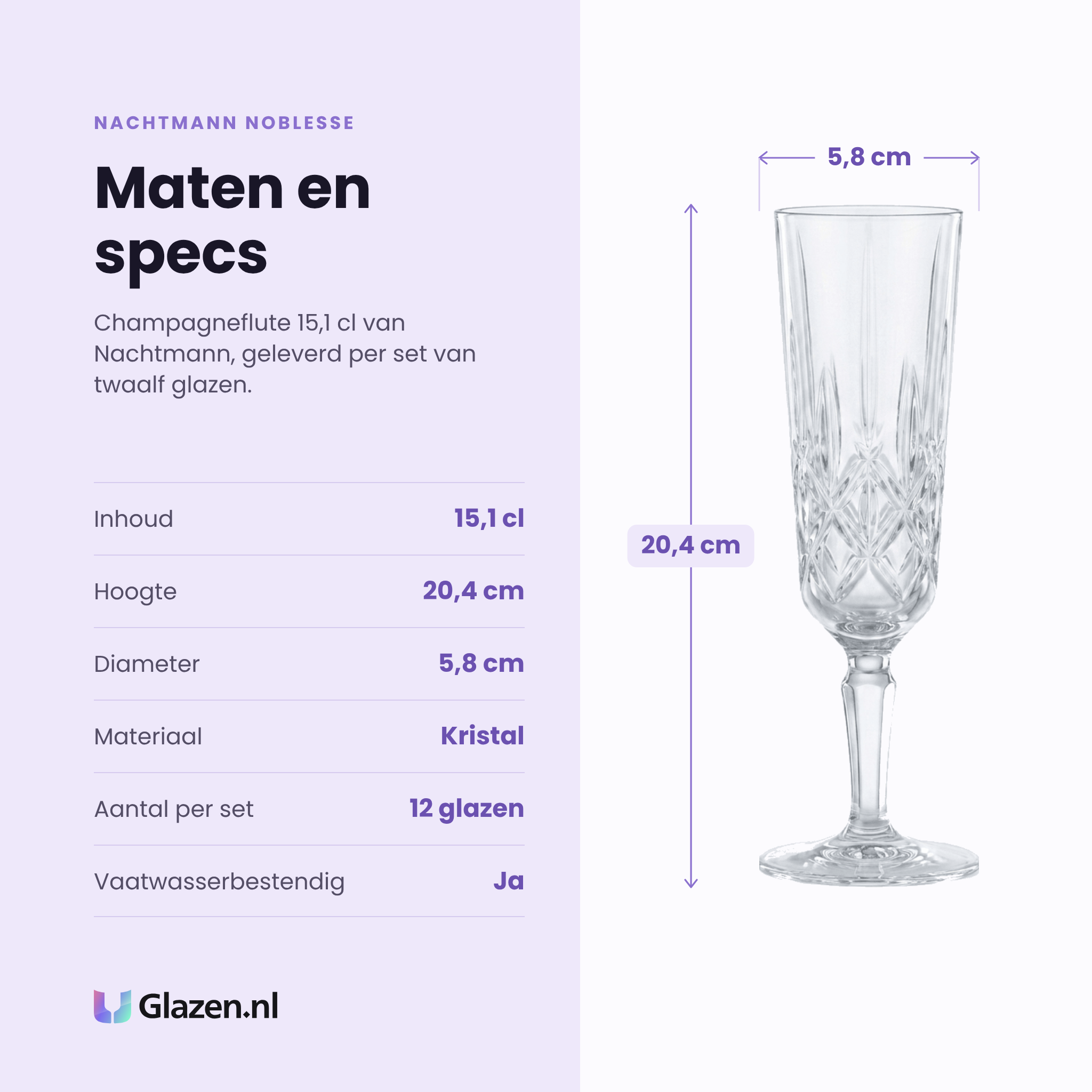 Nachtmann Noblesse champagneflute 15,1 cl specificaties: inhoud 15,1 cl, hoogte 20,4 cm, diameter 5,8 cm, kristal, set van 12