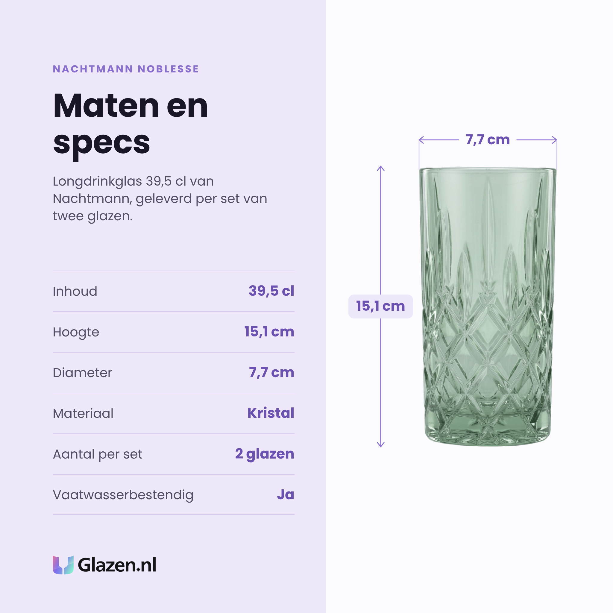 Nachtmann Noblesse longdrinkglas 39,5 cl specificaties: inhoud 39,5 cl, hoogte 15,1 cm, diameter 7,7 cm, kristal, set van 2