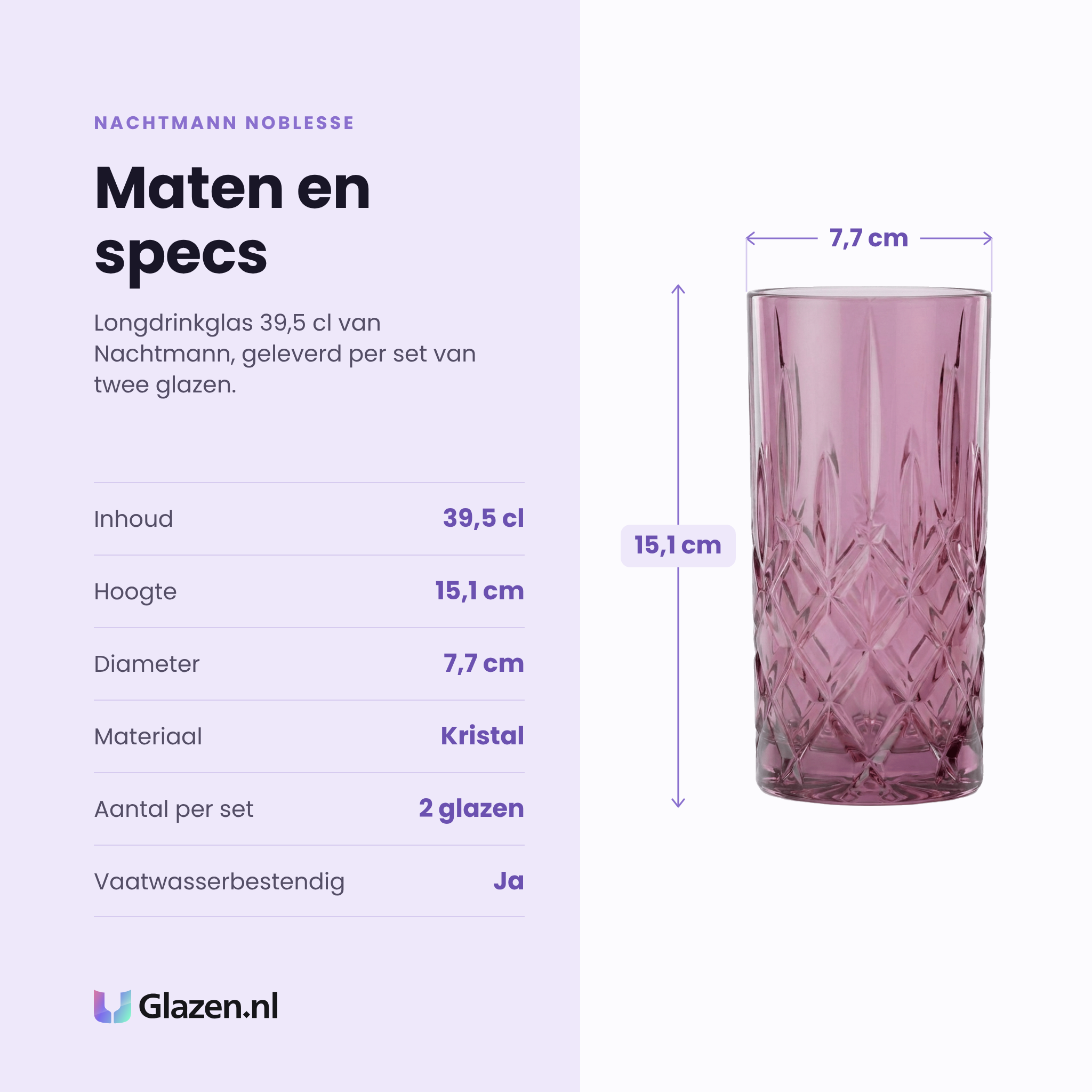 Nachtmann Noblesse longdrinkglas 39,5 cl specificaties: inhoud 39,5 cl, hoogte 15,1 cm, diameter 7,7 cm, kristal, set van 2