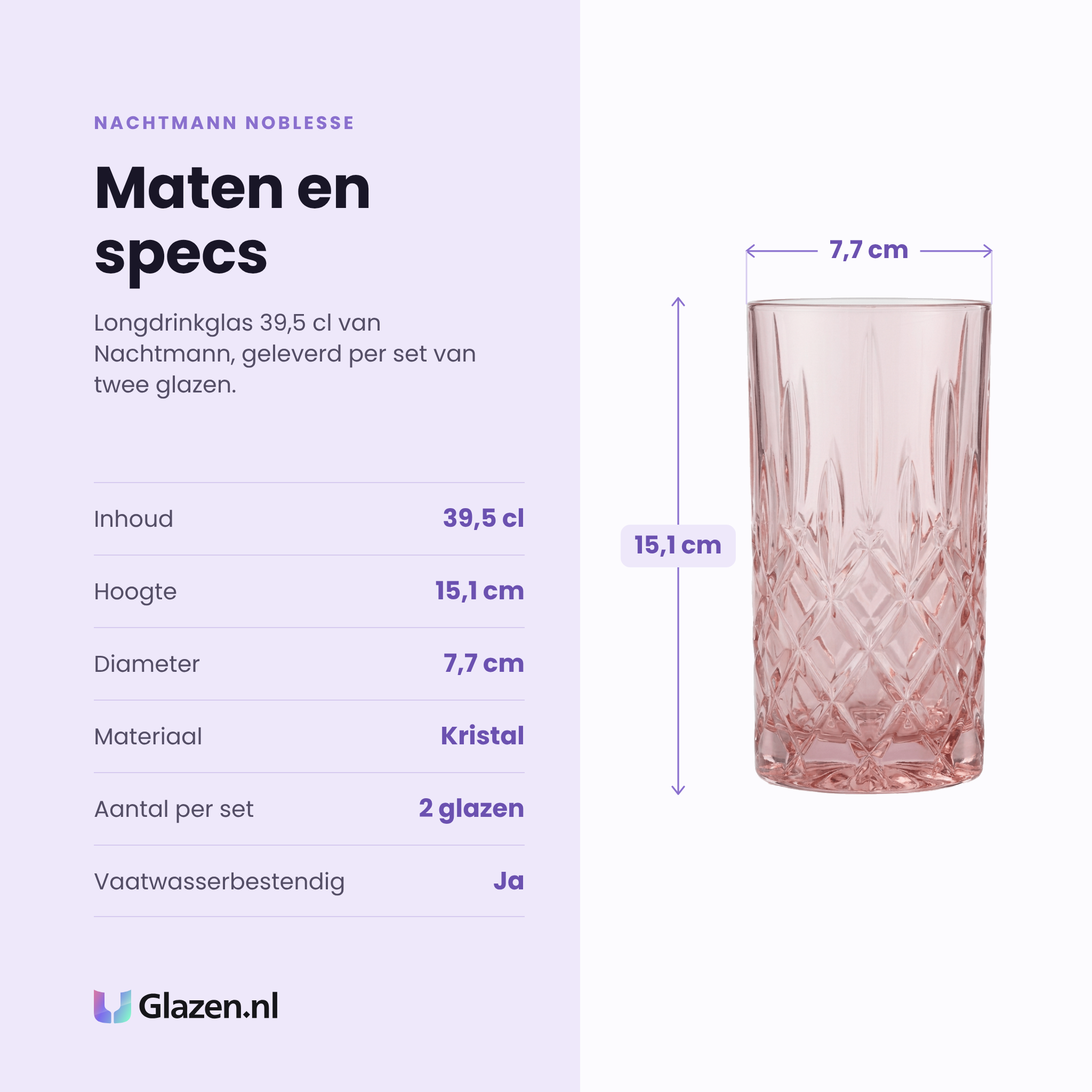 Nachtmann Noblesse longdrinkglas 39,5 cl specificaties: inhoud 39,5 cl, hoogte 15,1 cm, diameter 7,7 cm, kristal, set van 2