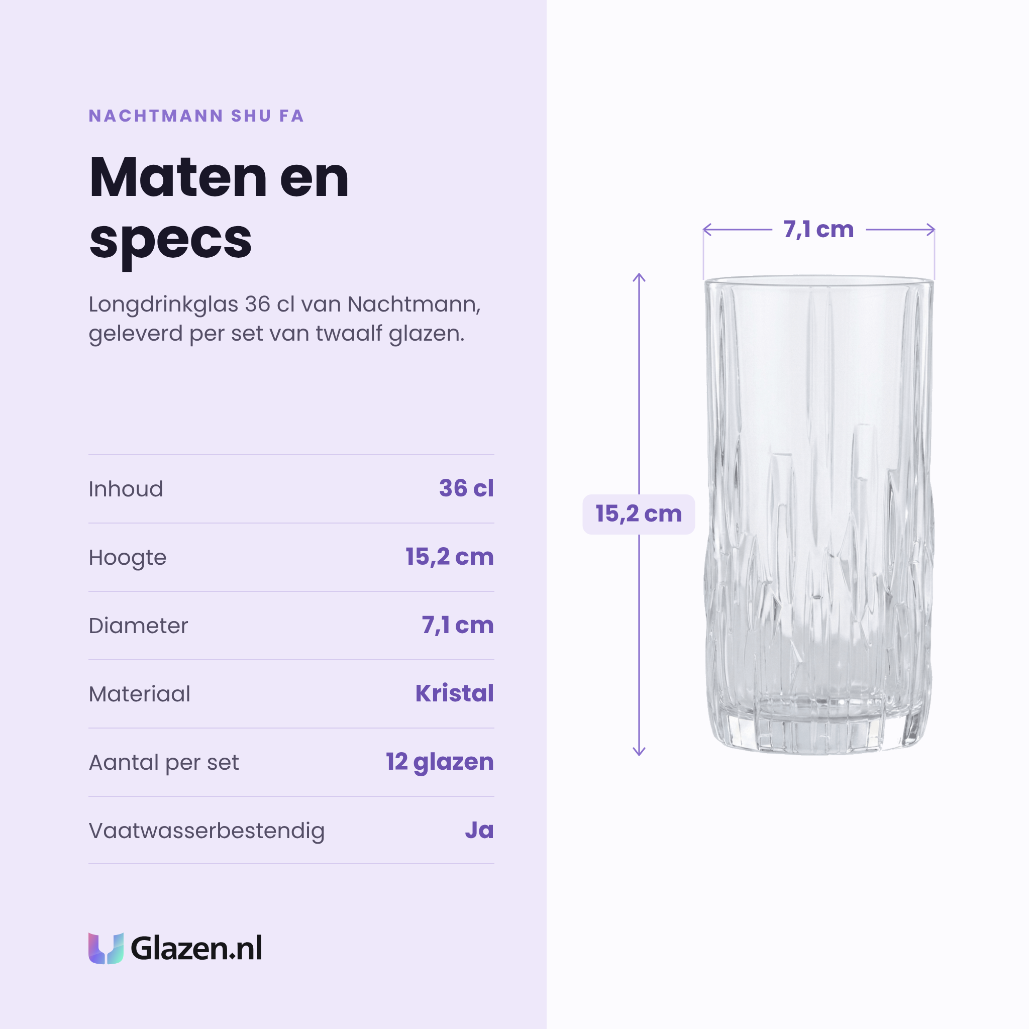 Nachtmann Shu Fa longdrinkglas 36 cl specificaties: inhoud 36 cl, hoogte 15,2 cm, diameter 7,1 cm, kristal, set van 12