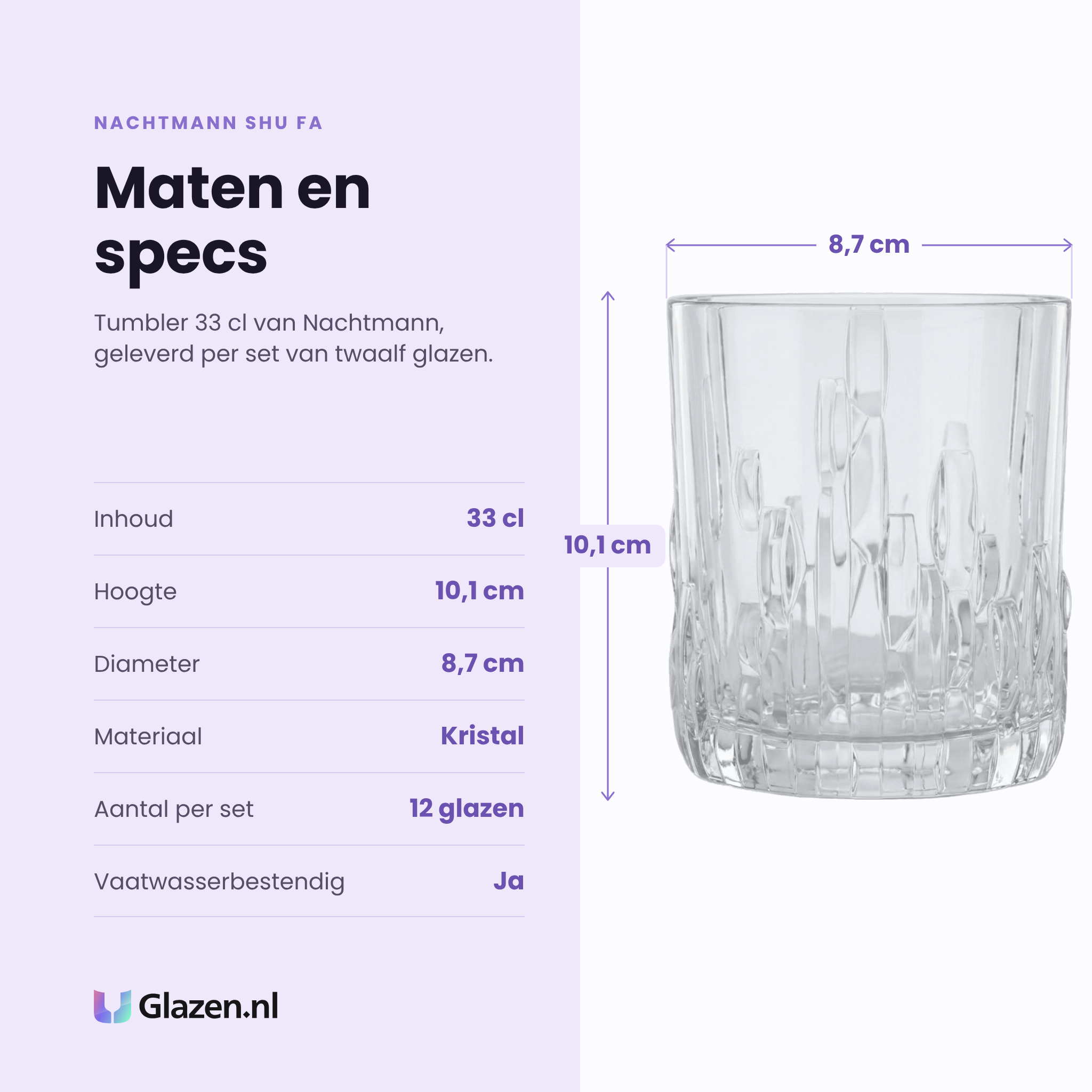 Nachtmann Shu Fa tumbler 33 cl specificaties: inhoud 33 cl, hoogte 10,1 cm, diameter 8,7 cm, kristal, set van 12