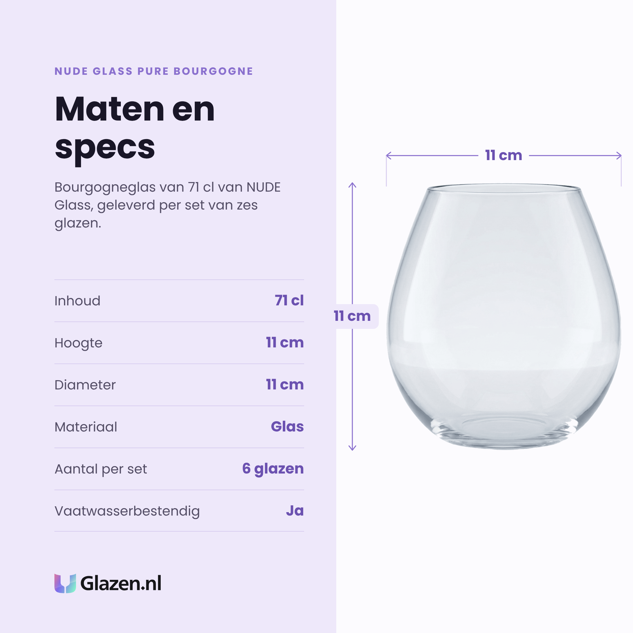 Nude Glass Pure Bourgogne wijnglas 71 cl specificaties: inhoud 71 cl, hoogte 11 cm, diameter 11 cm, glas, set van 6