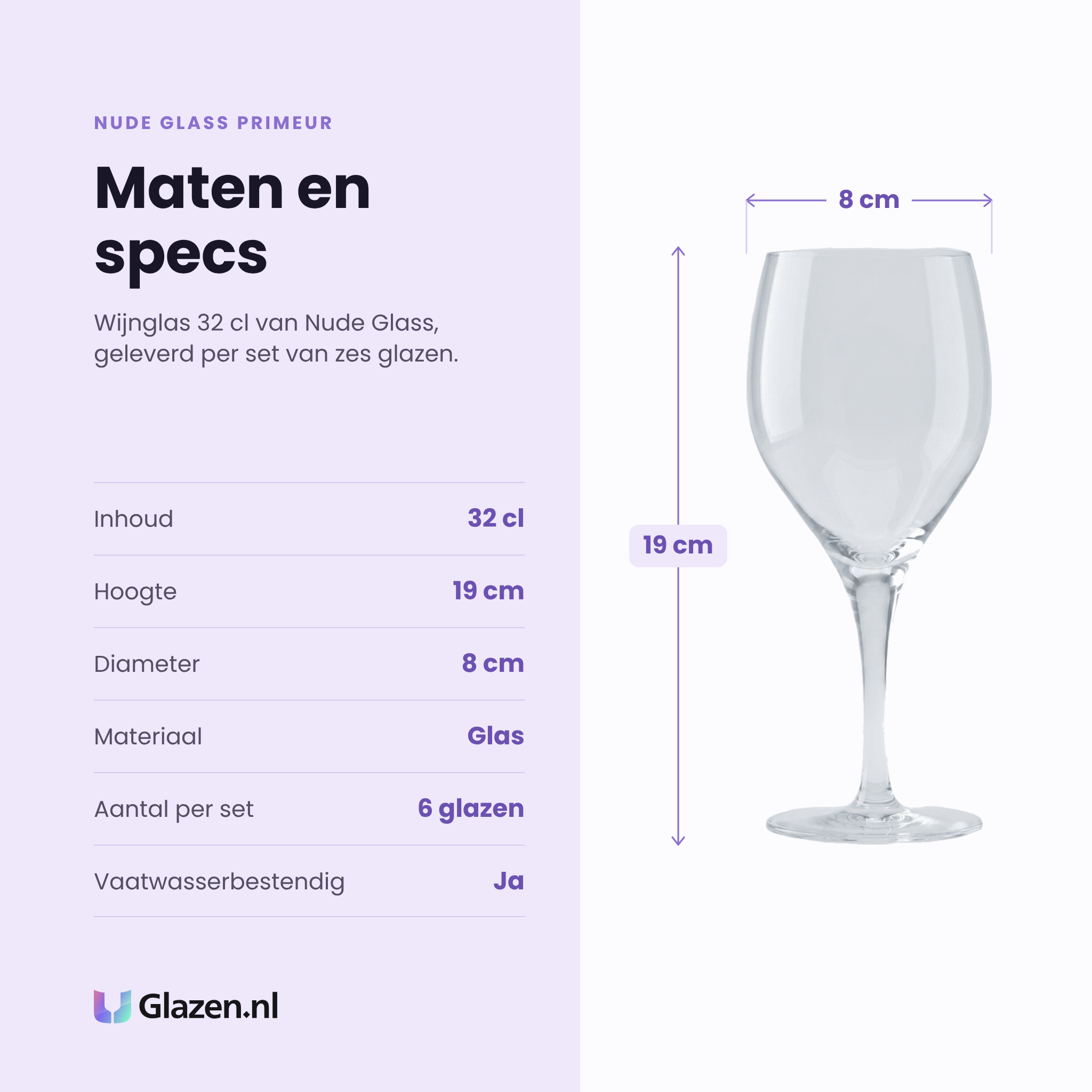 Nude Glass Primeur wijnglas 32 cl specificaties: inhoud 32 cl, hoogte 19 cm, diameter 8 cm, glas, set van 6