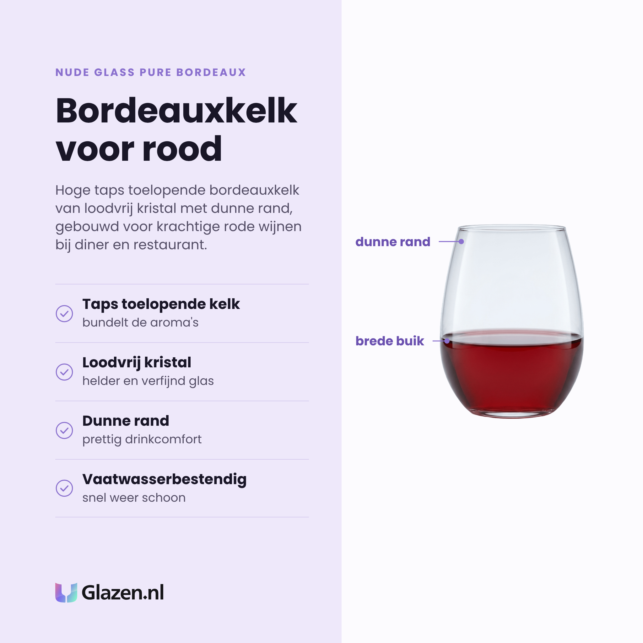 Nude Glass Pure Bordeaux wijnglas 61 cl eigenschappen: hoge taps toelopende kelk, loodvrij kristalglas, dunne rand, vaatwasserbestendig