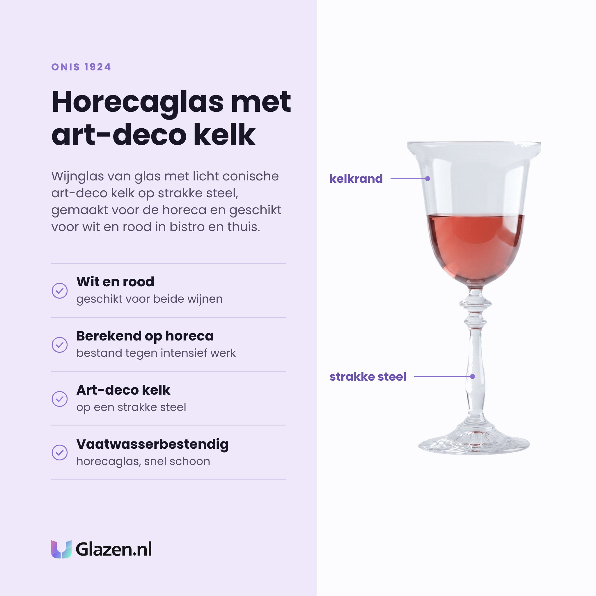 Onis 1924 wijnglas 26,5 cl eigenschappen: geschikt voor wit en rood, berekend op horecagebruik, art-deco kelk op strakke steel, vaatwasserbestendig