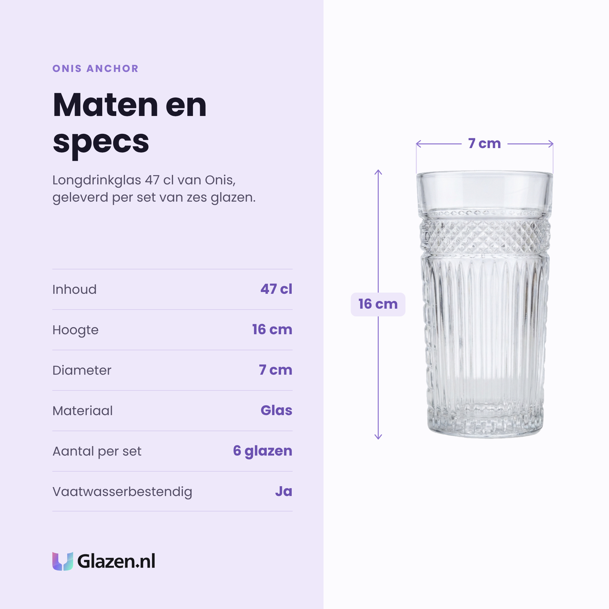 Onis Anchor longdrinkglas 47 cl specificaties: inhoud 47 cl, hoogte 16 cm, diameter 7 cm, glas, set van 6