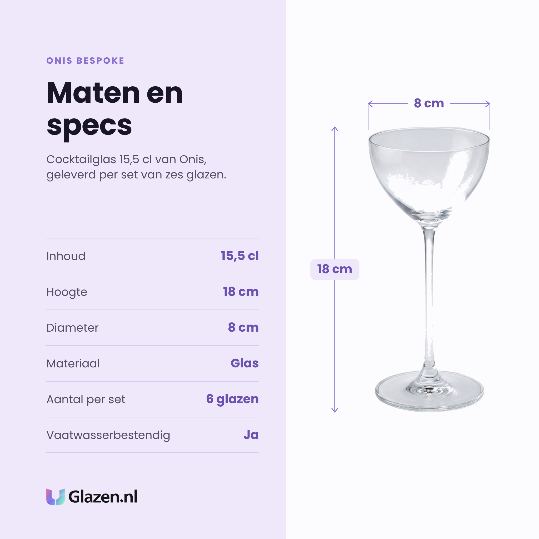 Onis Bespoke cocktailglas 15,5 cl specificaties: inhoud 15,5 cl, hoogte 18 cm, diameter 8 cm, glas, set van 6