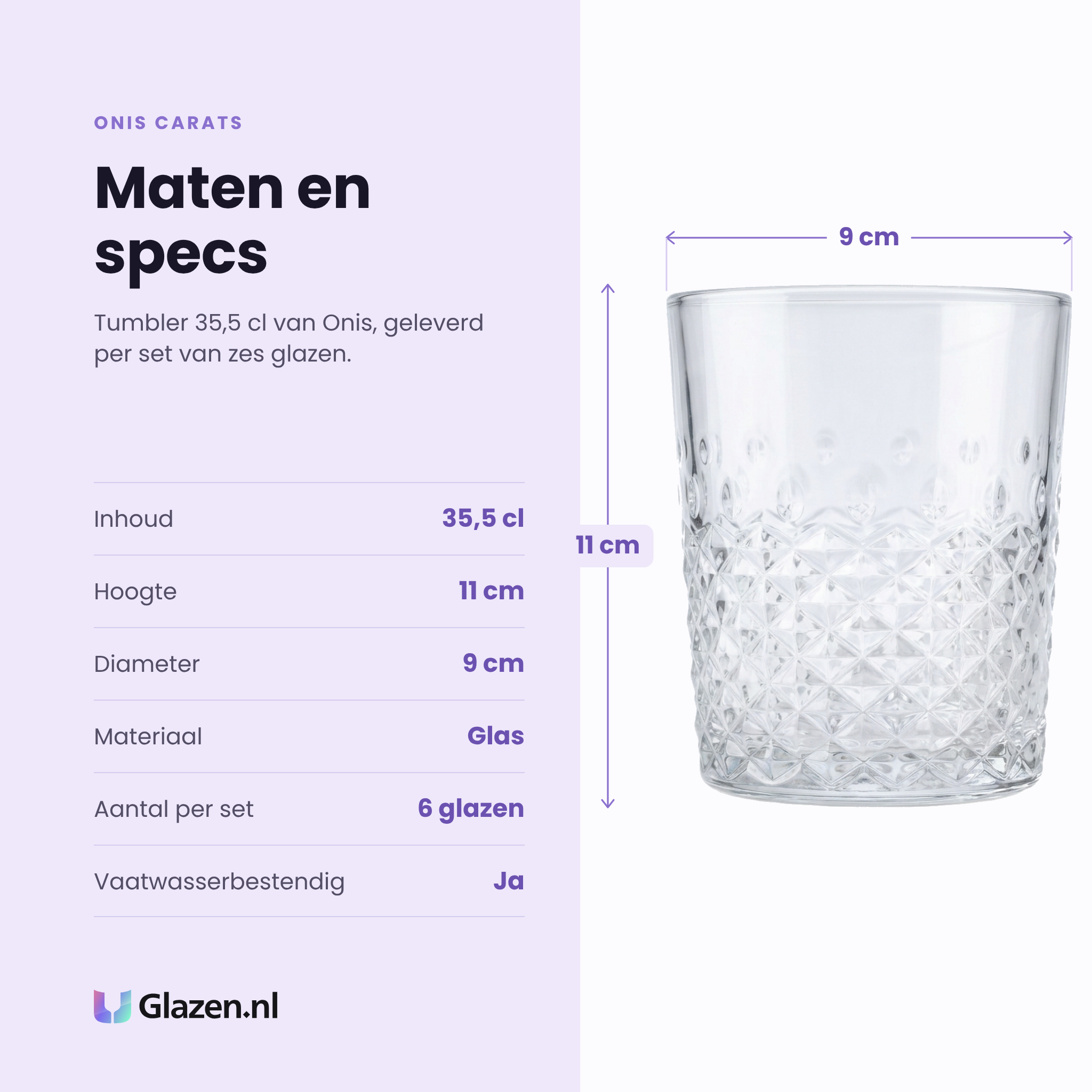 Onis Carats tumbler 35,5 cl specificaties: inhoud 35,5 cl, hoogte 11 cm, diameter 9 cm, glas, set van 6