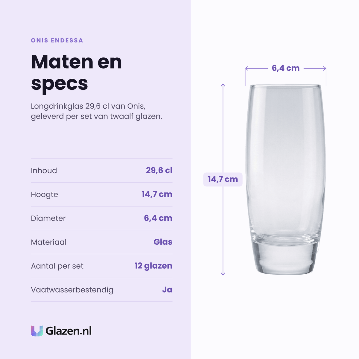 Onis Endessa longdrinkglas 29,6 cl specificaties: inhoud 29,6 cl, hoogte 14,7 cm, diameter 6,4 cm, glas, set van 12