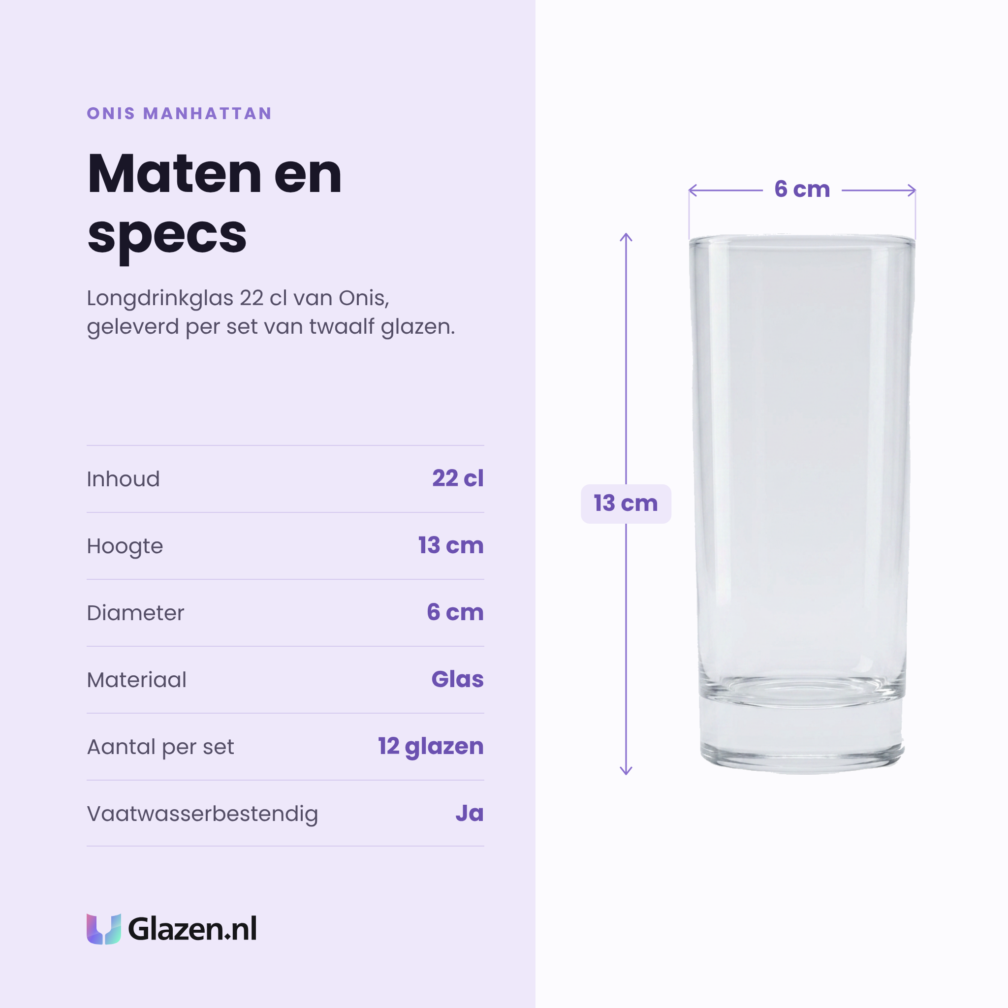Onis Manhattan longdrinkglas 22 cl specificaties: inhoud 22 cl, hoogte 13 cm, diameter 6 cm, glas, set van 12