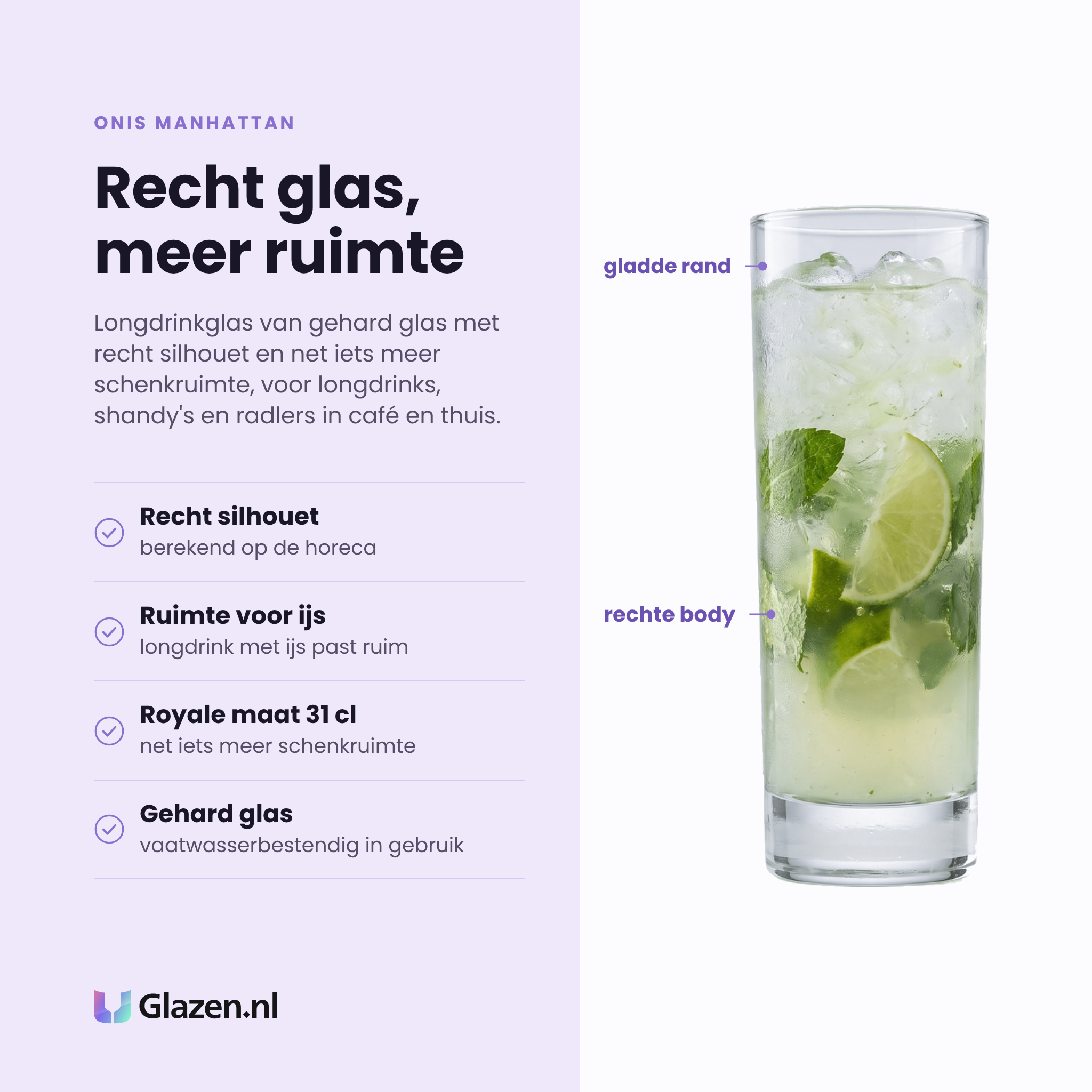 Onis Manhattan longdrinkglas 31 cl eigenschappen: recht silhouet, ruimte voor ijs, royale maat, gehard glas