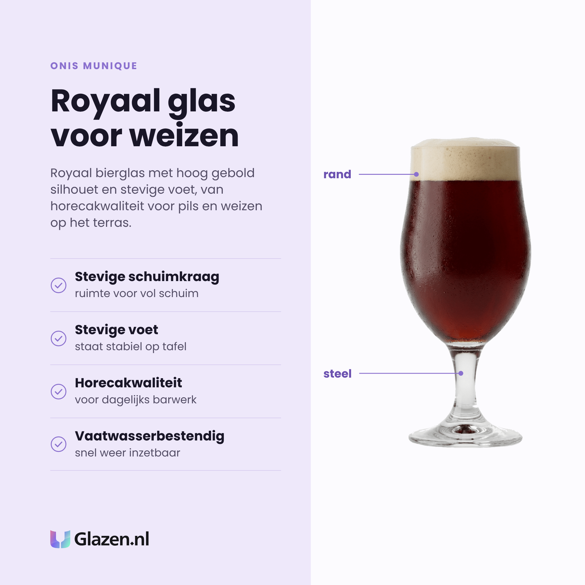 Onis Munique bierglas 49 cl eigenschappen: hoog gebold silhouet, stevige voet, horecakwaliteit, vaatwasserbestendig