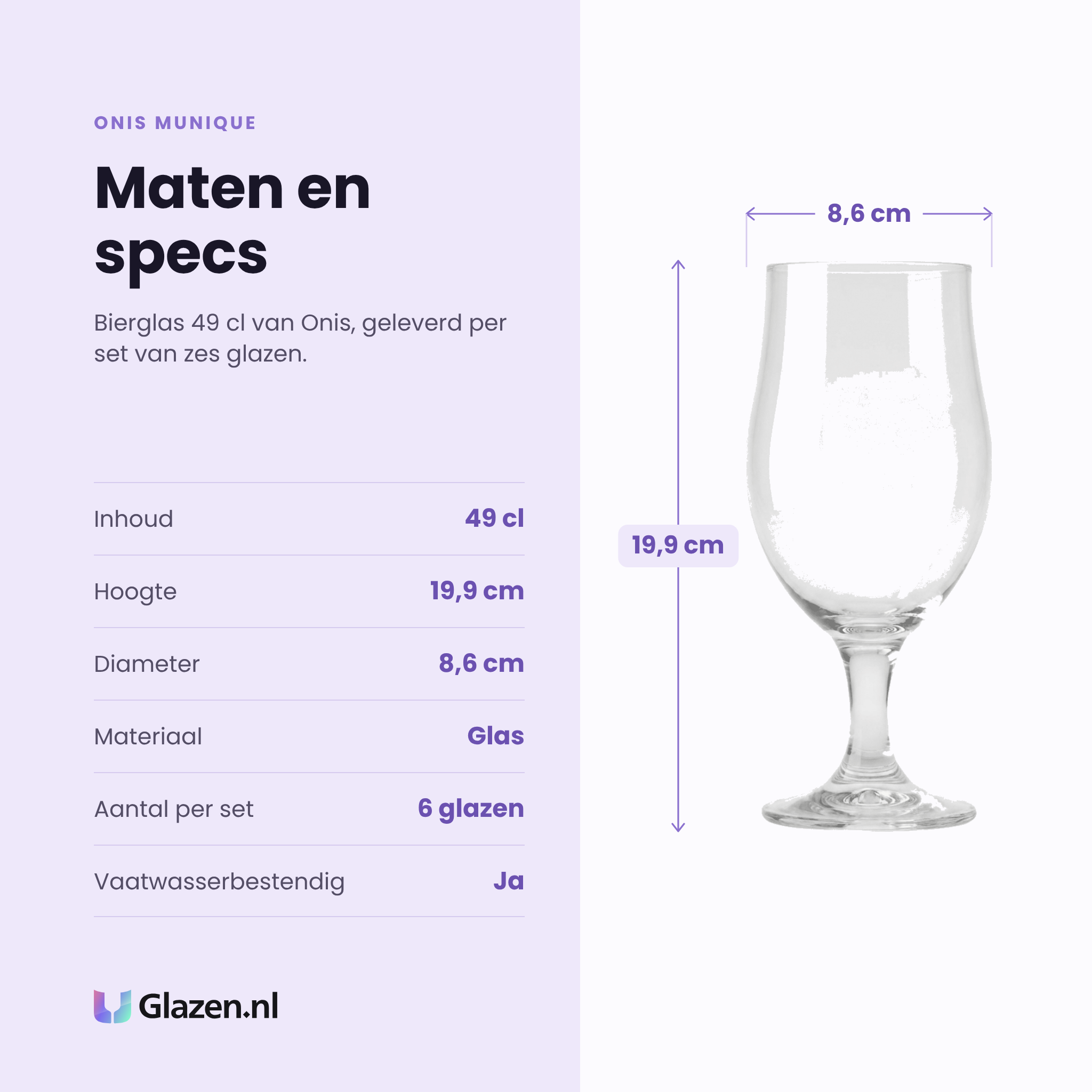 Onis Munique bierglas 49 cl specificaties: inhoud 49 cl, hoogte 19,9 cm, diameter 8,6 cm, glas, set van 6