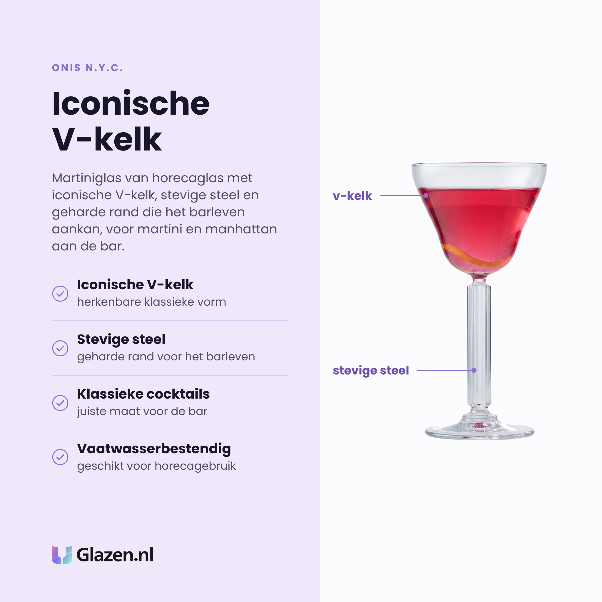 Onis N.Y.C. martiniglas 19 cl eigenschappen: iconische v-kelk, stevige steel en geharde rand, barmaat voor klassieke cocktails, vaatwasserbestendig horecaglas
