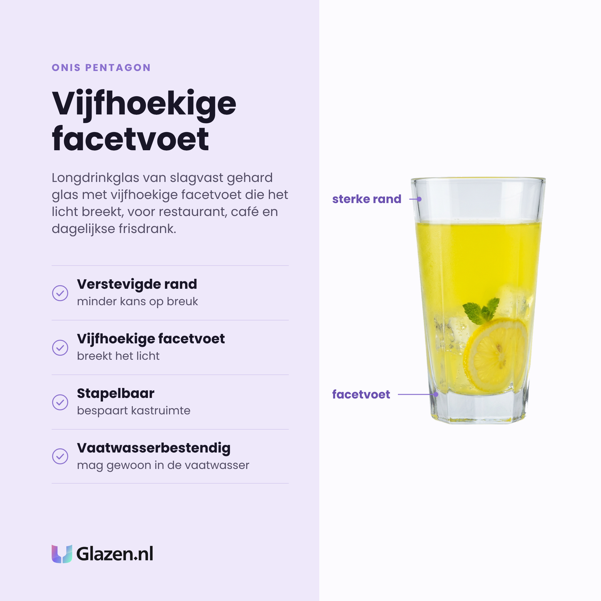 Onis Pentagon longdrinkglas 29 cl eigenschappen: gehard glas met verstevigde rand, vijfhoekige facetvoet, stapelbaar, vaatwasserbestendig