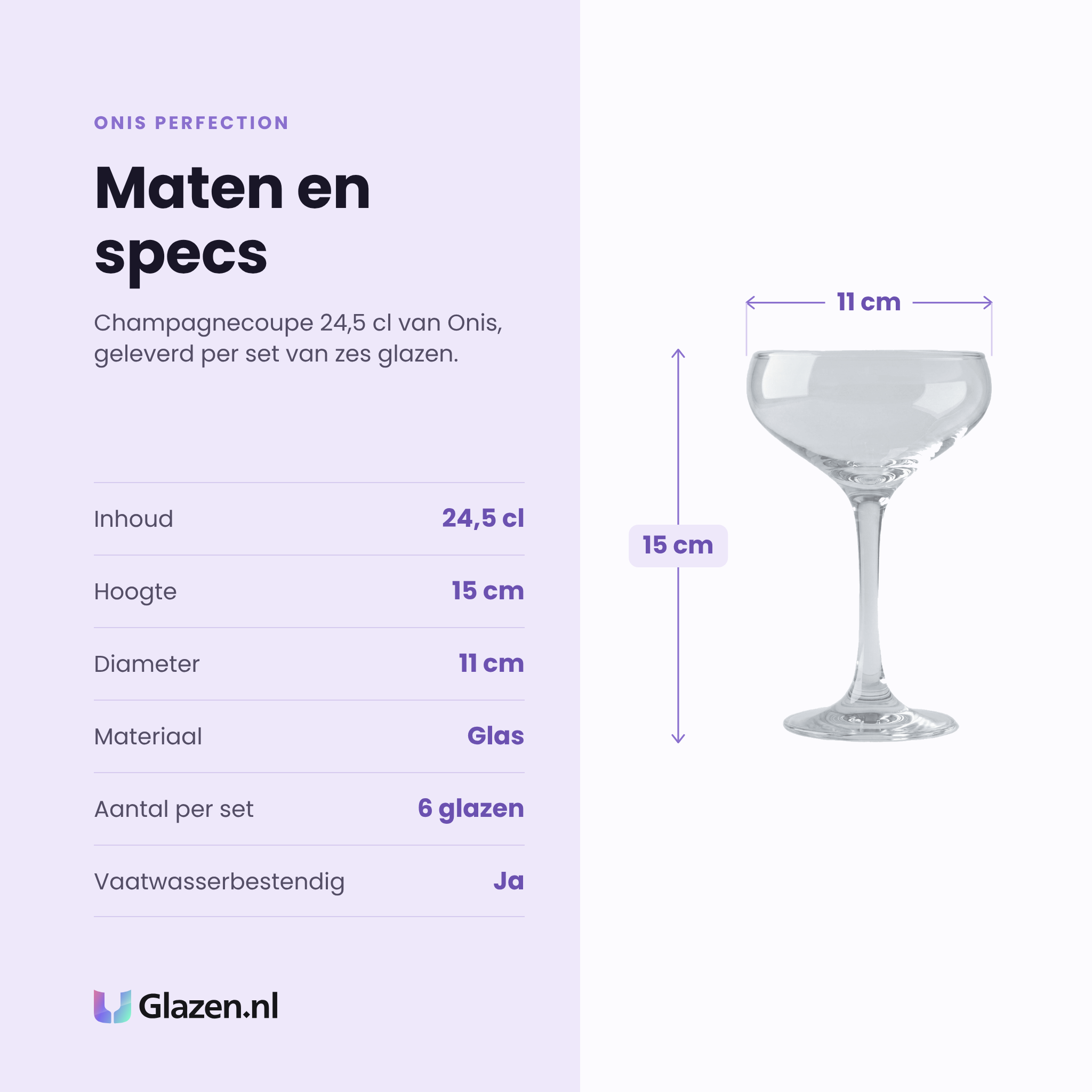 Onis Perfection champagnecoupe 24,5 cl specificaties: inhoud 24,5 cl, hoogte 15 cm, diameter 11 cm, glas, set van 6