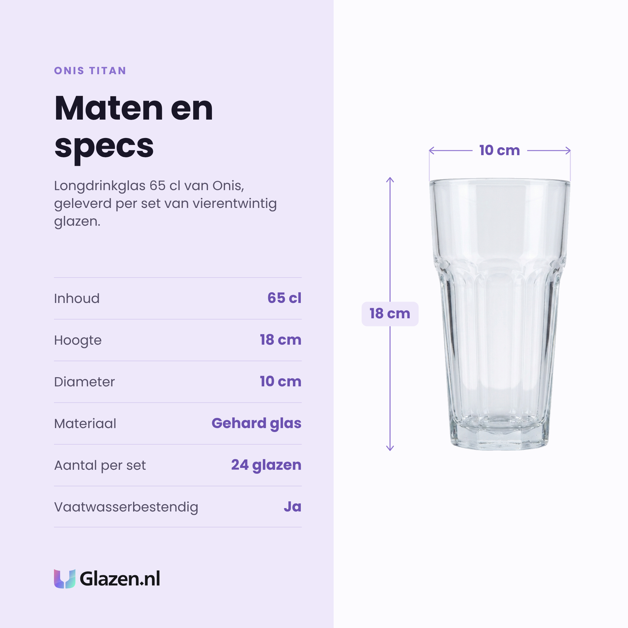Onis Titan longdrinkglas 65 cl specificaties: inhoud 65 cl, hoogte 18 cm, diameter 10 cm, gehard glas, set van 24
