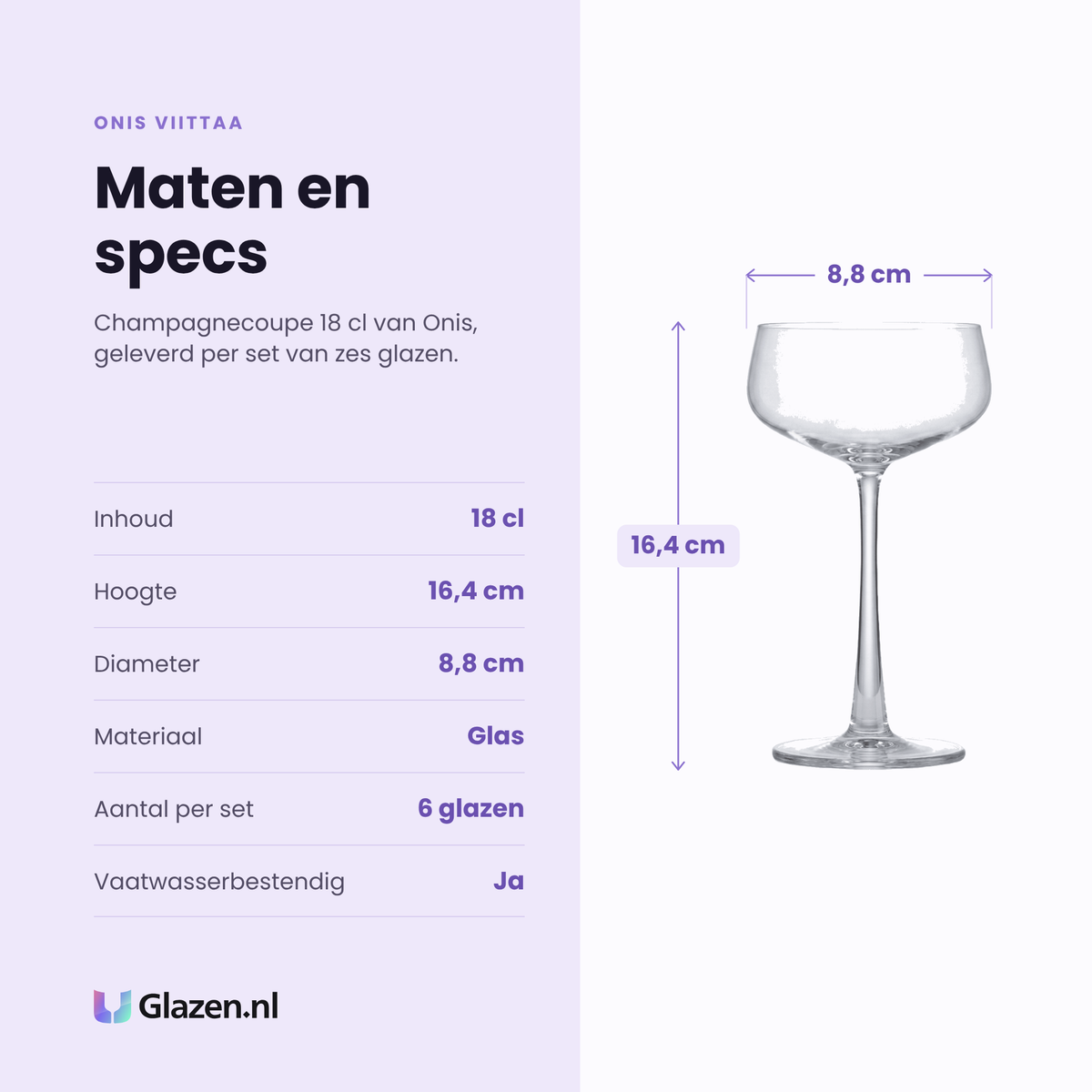Onis Viittaa champagnecoupe 18 cl specificaties: inhoud 18 cl, hoogte 16,4 cm, diameter 8,8 cm, glas, set van 6