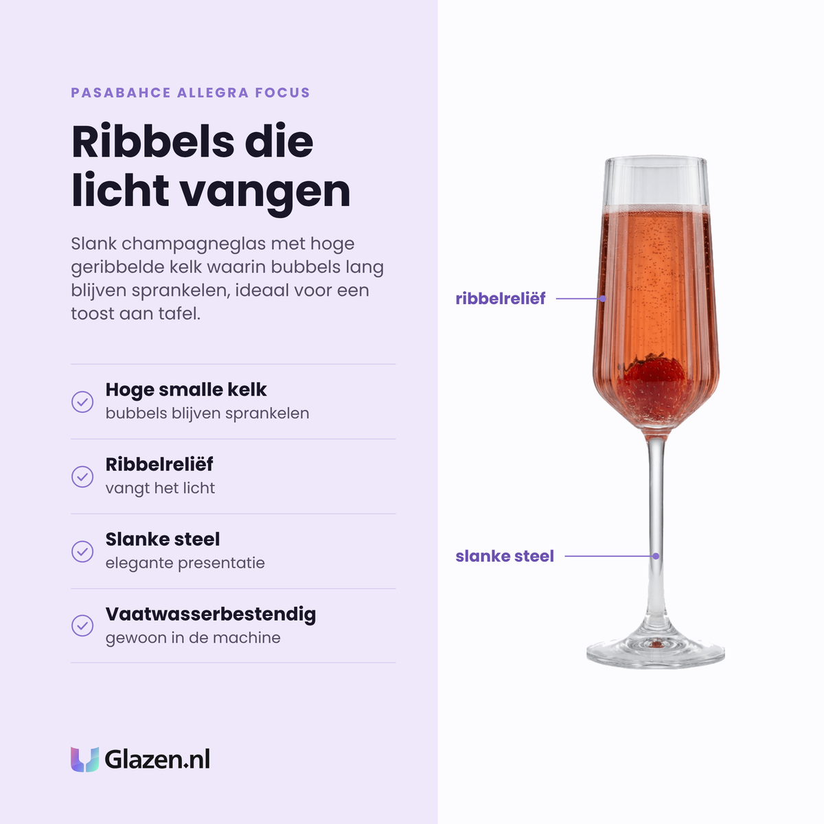 Pasabahce Allegra Focus champagneglas 19,5 cl eigenschappen: hoge smalle kelk, ribbelreliëf, slanke steel, vaatwasserbestendig