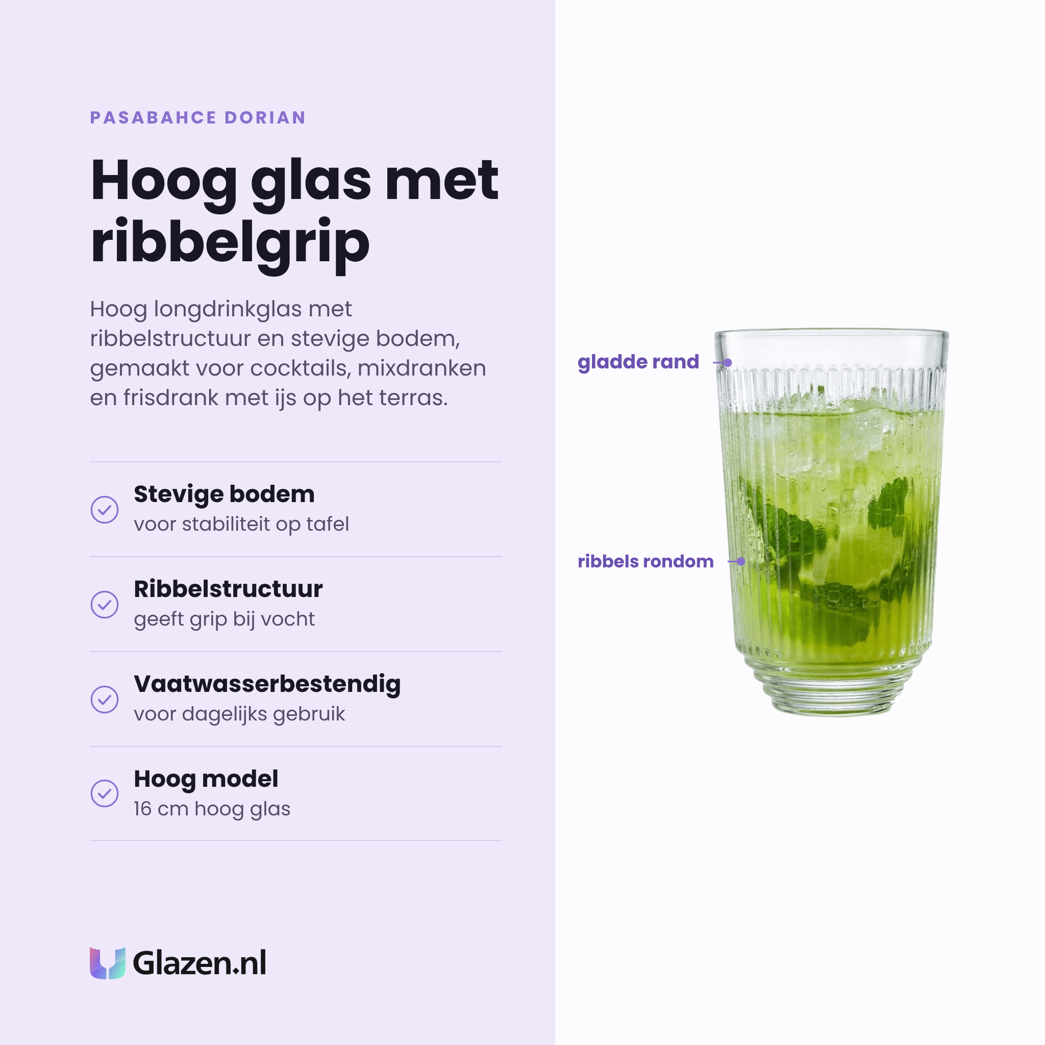 Pasabahce Dorian longdrinkglas 34 cl eigenschappen: stevige bodem, ribbels voor grip, vaatwasserbestendig, hoog model