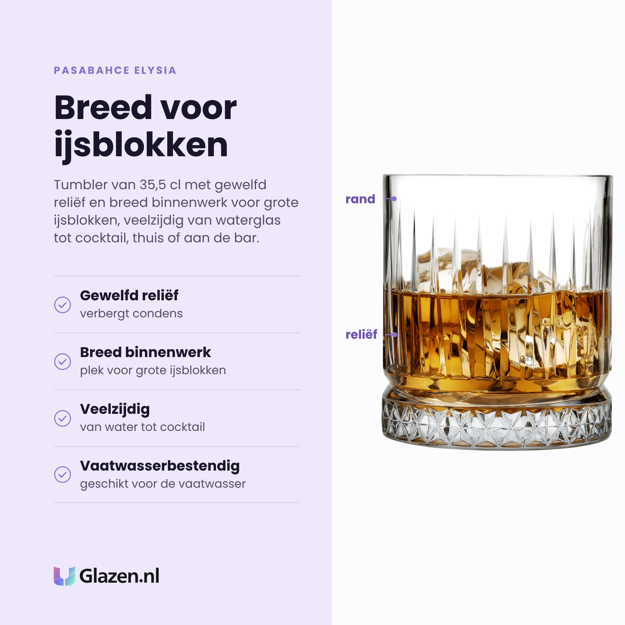 Pasabahce Elysia tumbler 35,5 cl eigenschappen: gewelfd reliëf, breed binnenwerk voor ijs, veelzijdig van water tot cocktail, vaatwasserbestendig