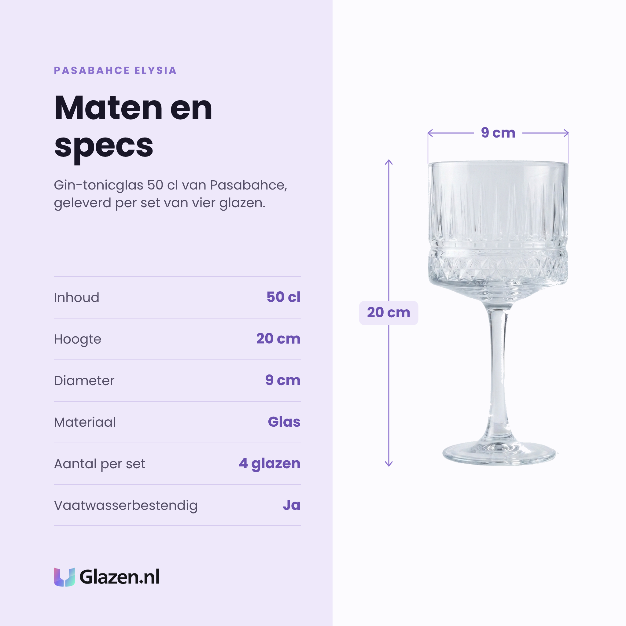 Pasabahce Elysia gin-tonicglas 50 cl specificaties: inhoud 50 cl, hoogte 20 cm, diameter 9 cm, glas, set van 4