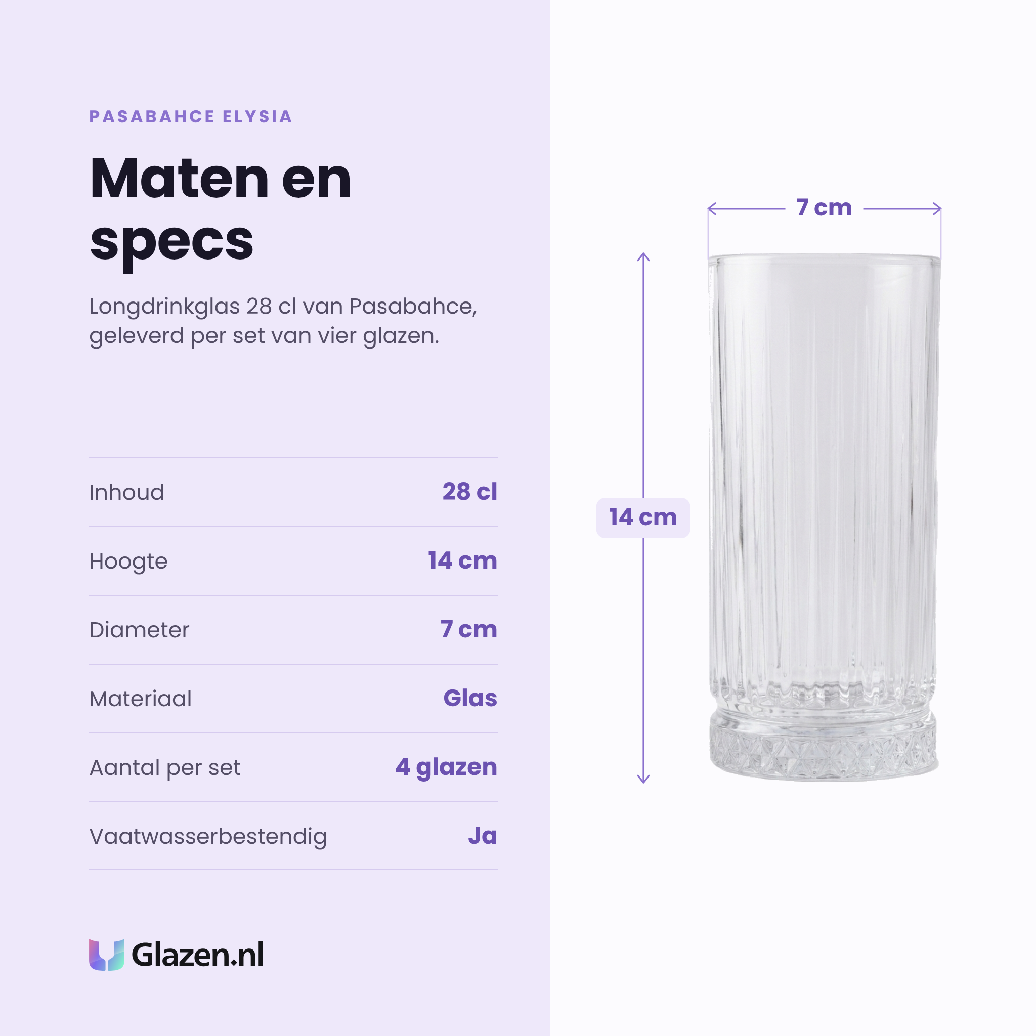 Pasabahce Elysia longdrinkglas 28 cl specificaties: inhoud 28 cl, hoogte 14 cm, diameter 7 cm, glas, set van 4